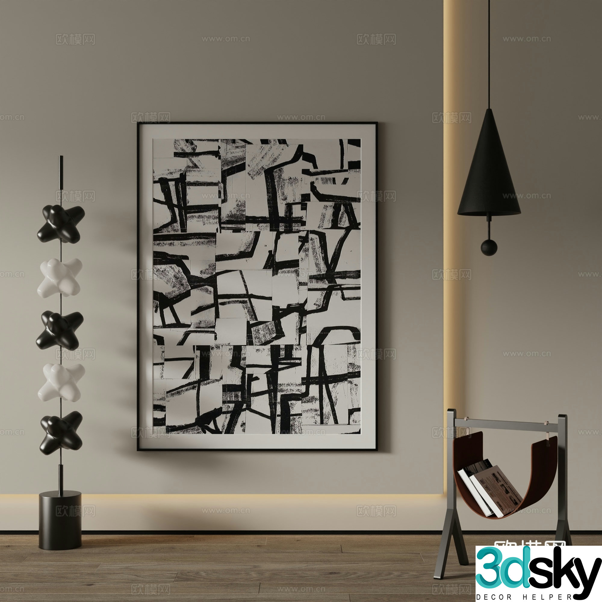 Modern decorative painting black and white abstract painting 3d model