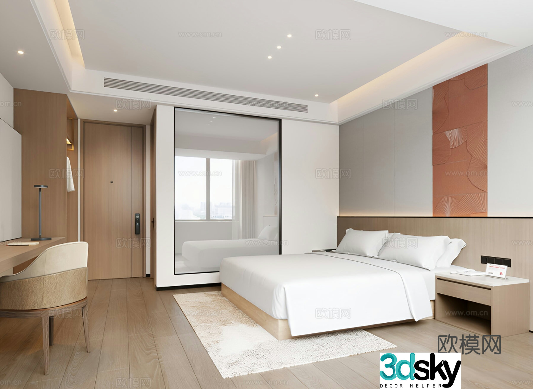 Modern hotel room double bed room 3d model