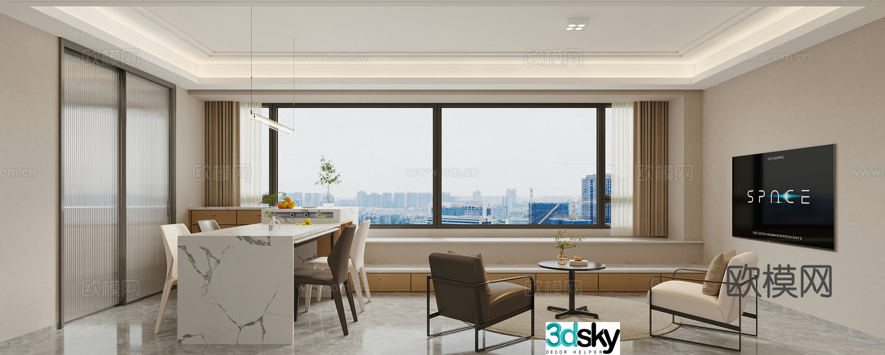 Modern living and dining room 3d model