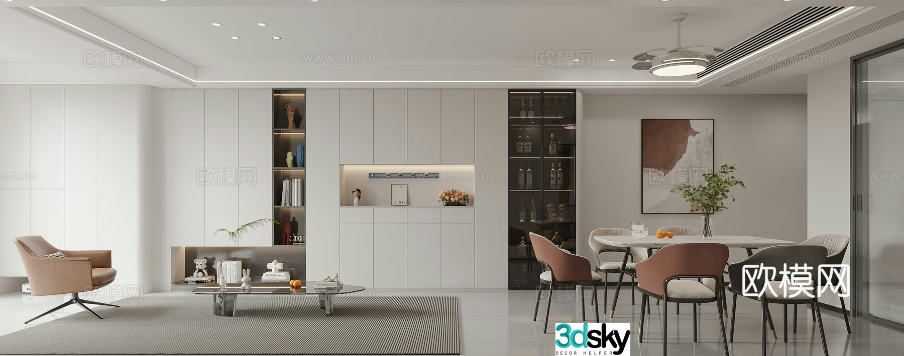 Modern living and dining room 3d model