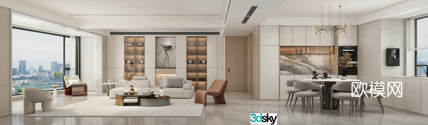 Modern living and dining room 3d model