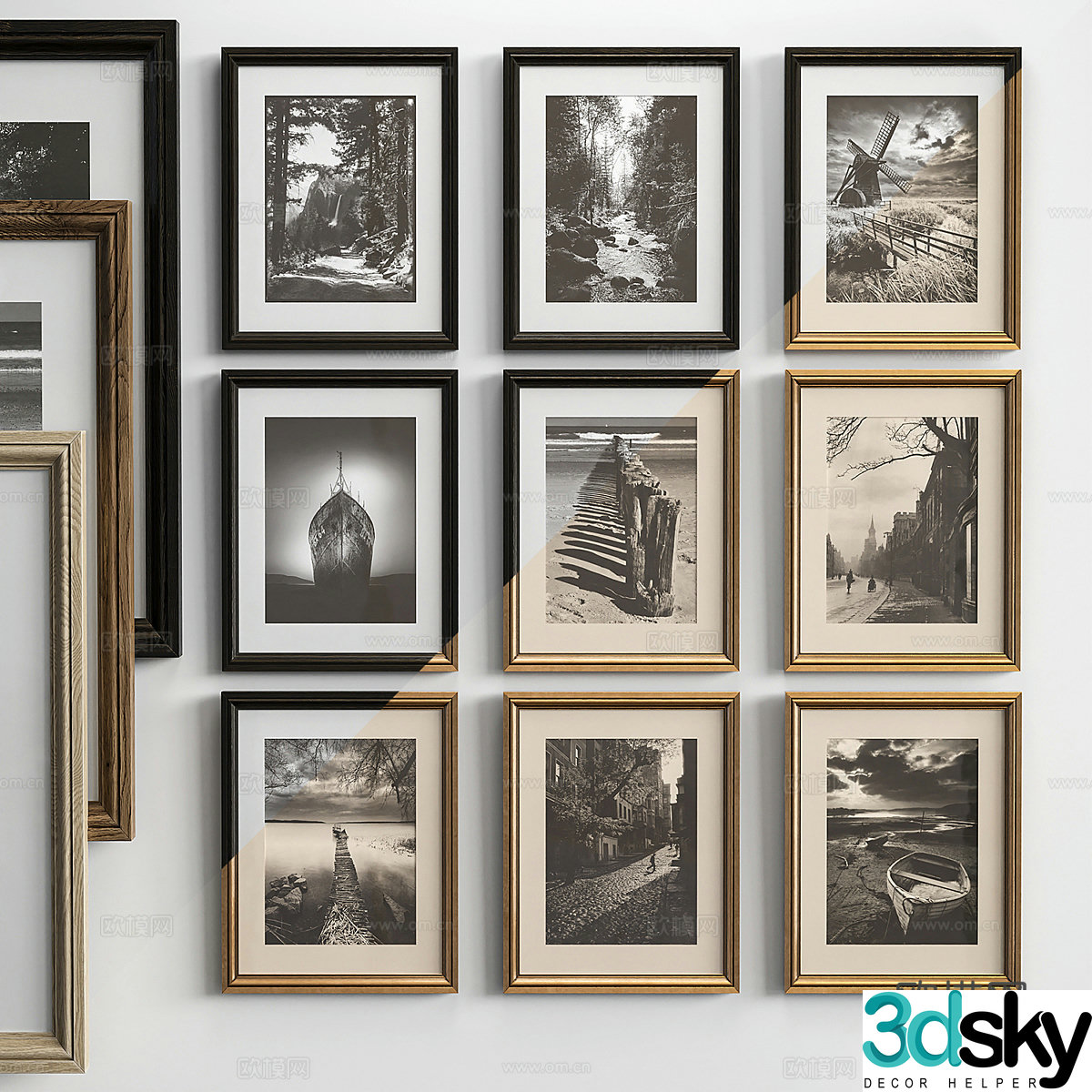 Modern photo painting black and white hanging painting combination abstract painting 3d model