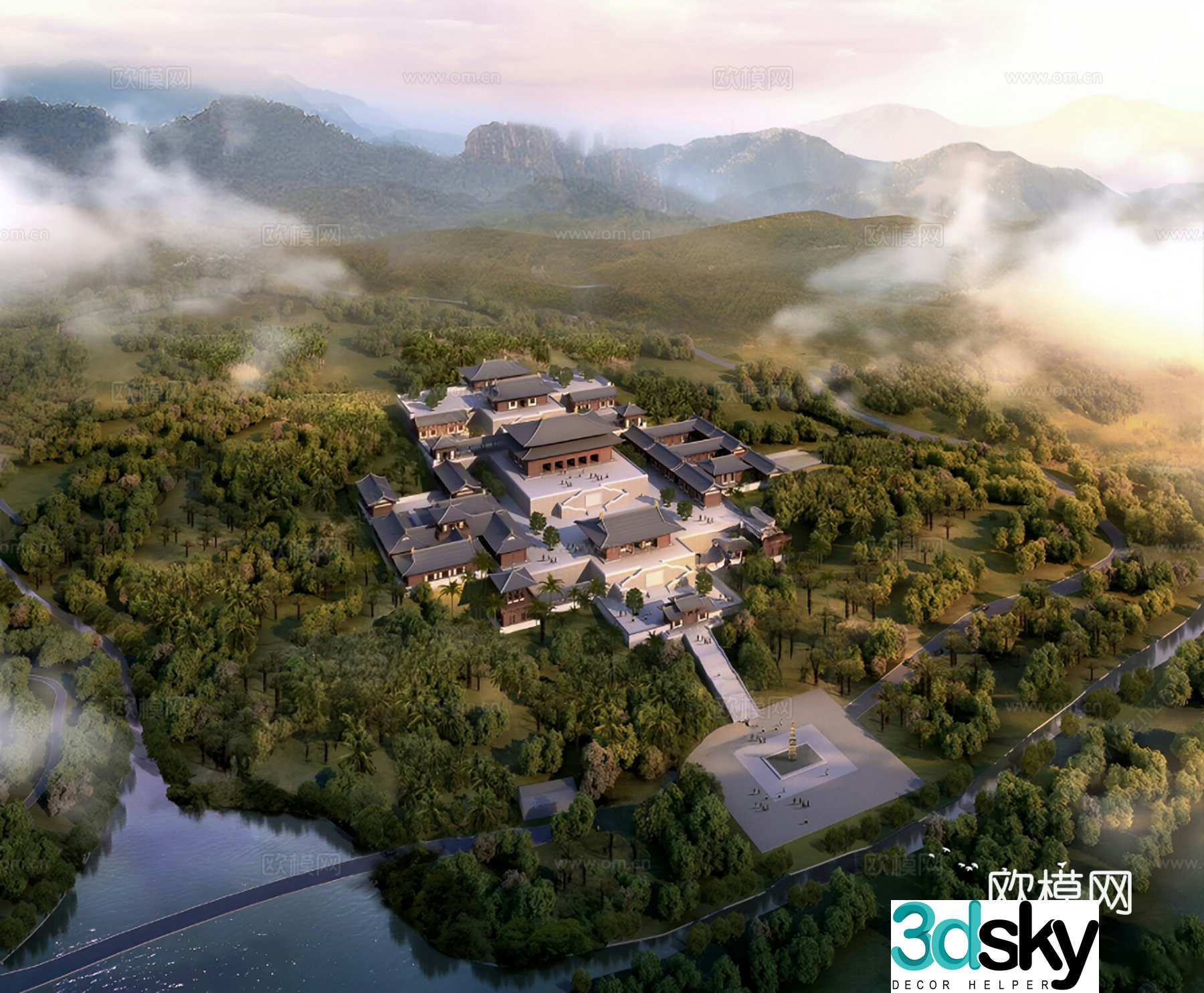 Chinese ancient temple bird’s eye view planning 3D model