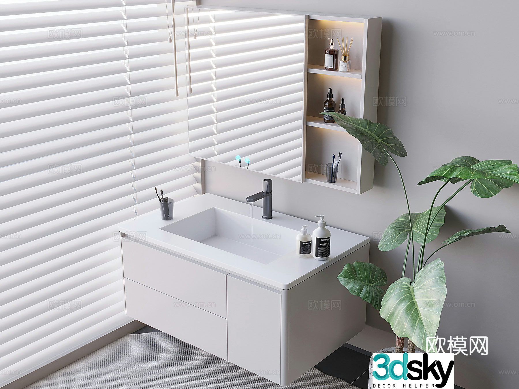 Cream style suspended solid wood bathroom cabinet induction bathroom mirror wash basin 3D model