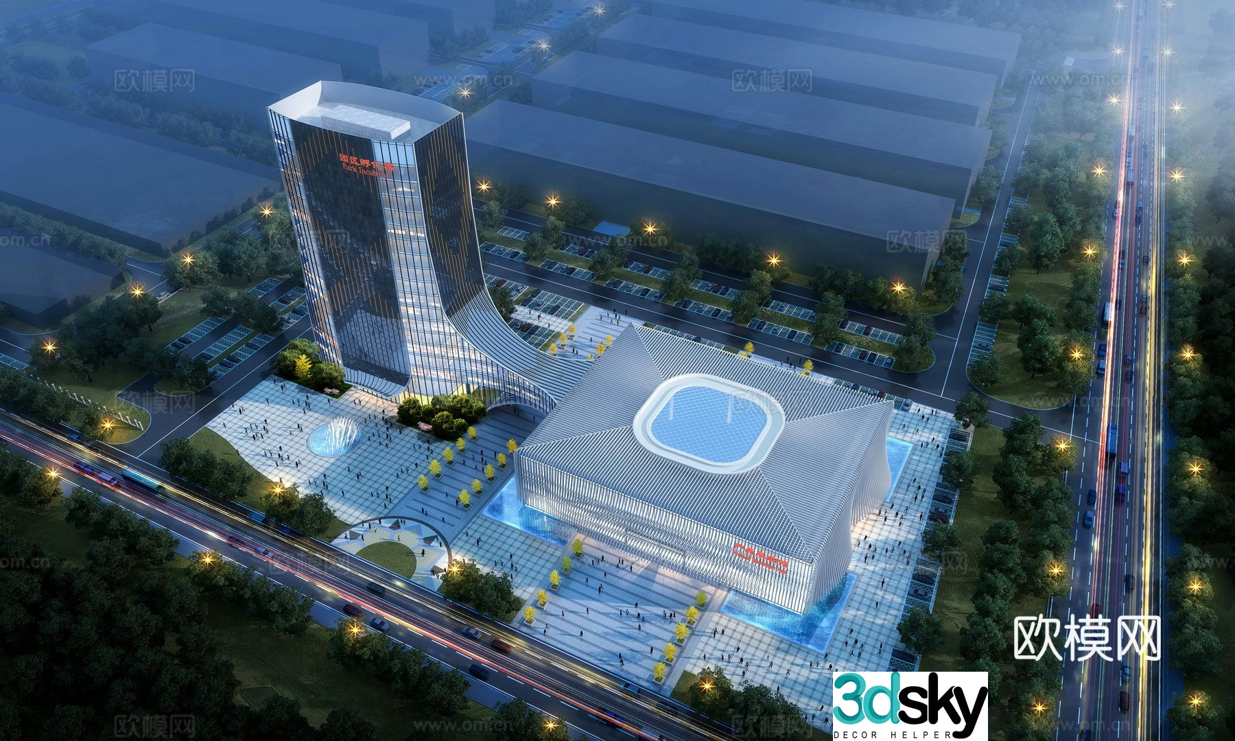 Aerial view of commercial complex at night 3D model