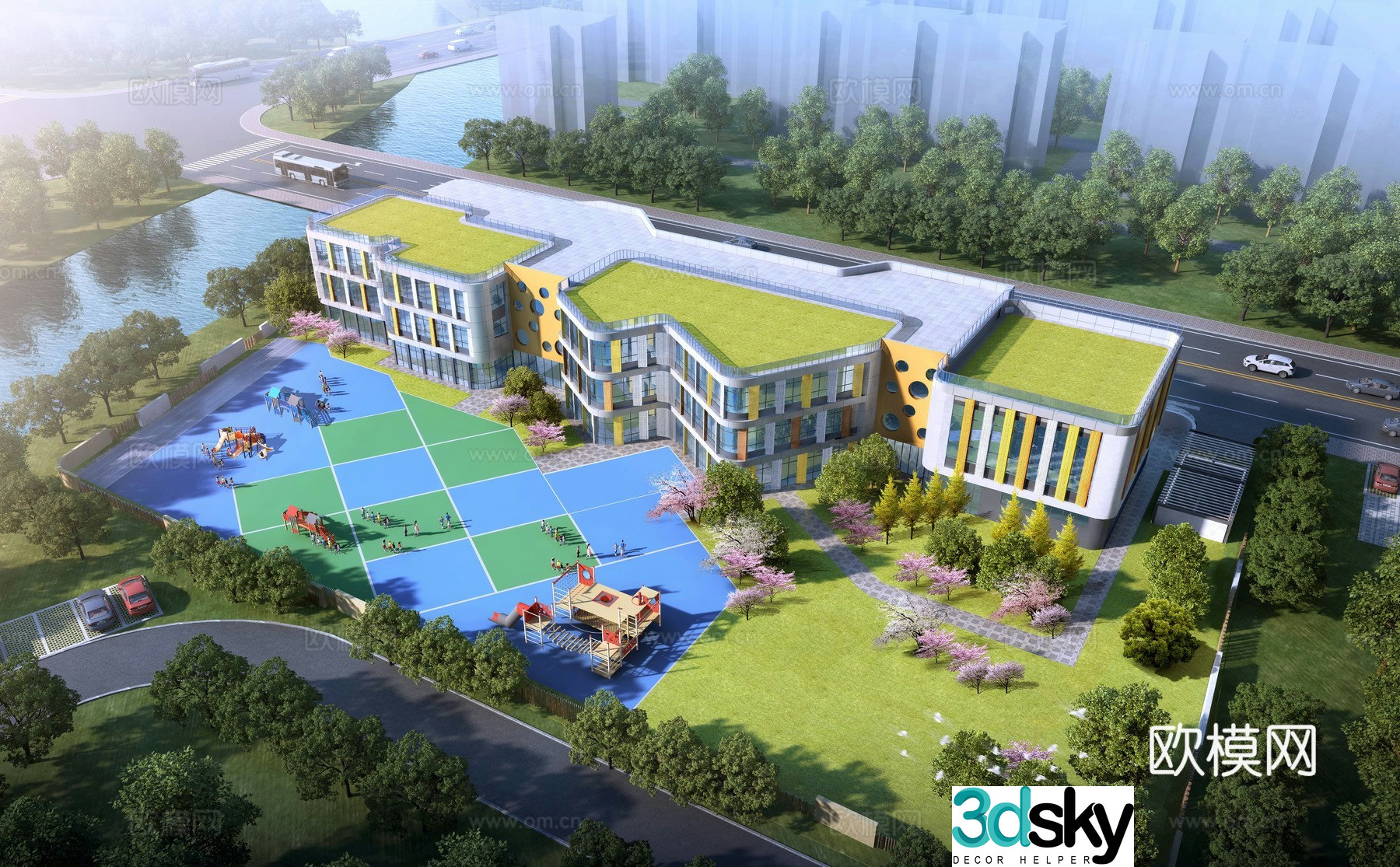 Modern kindergarten bird’s eye view planning 3D model