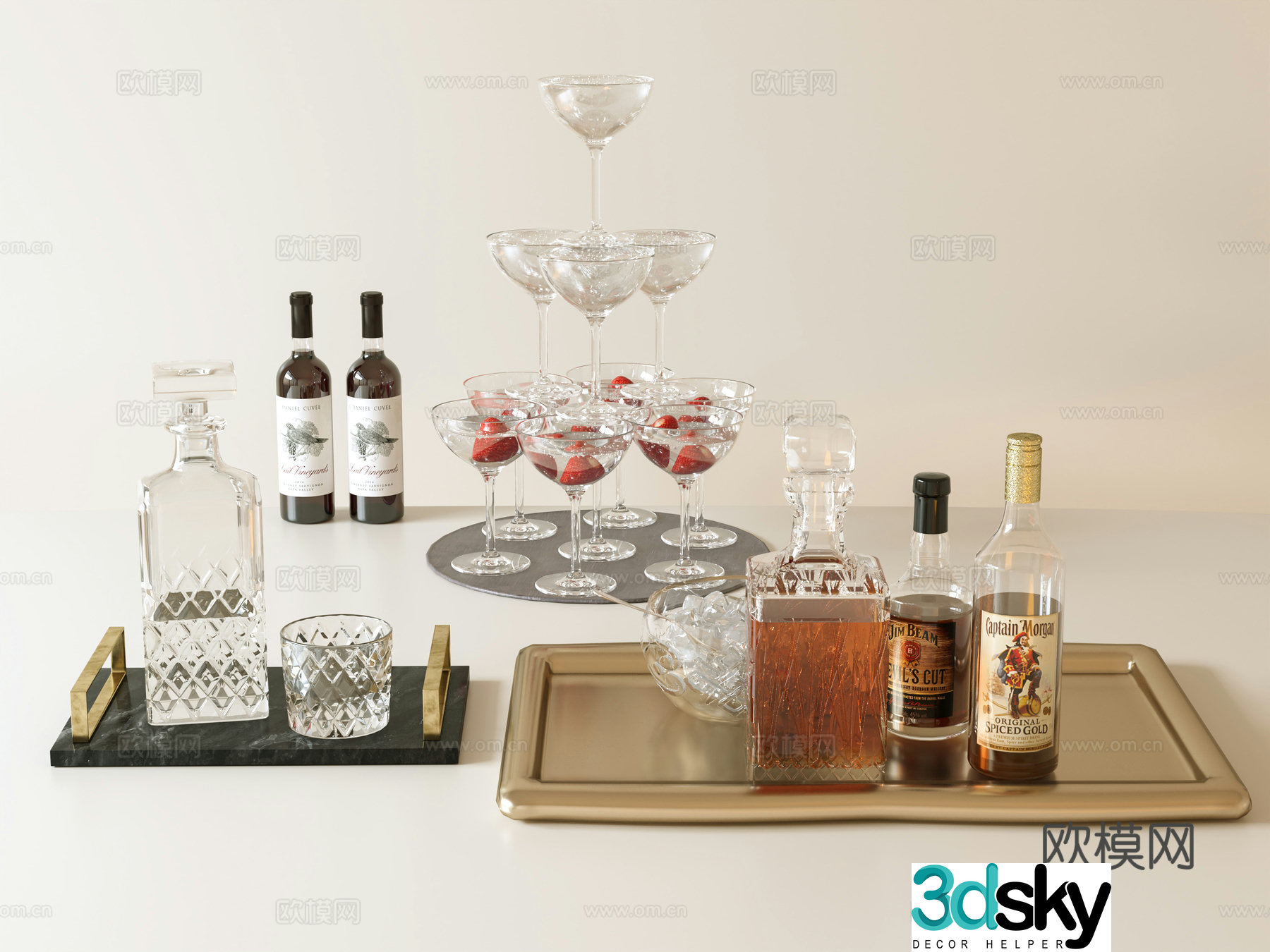Red wine tray liquor wine wine bottle wine glass 3D model