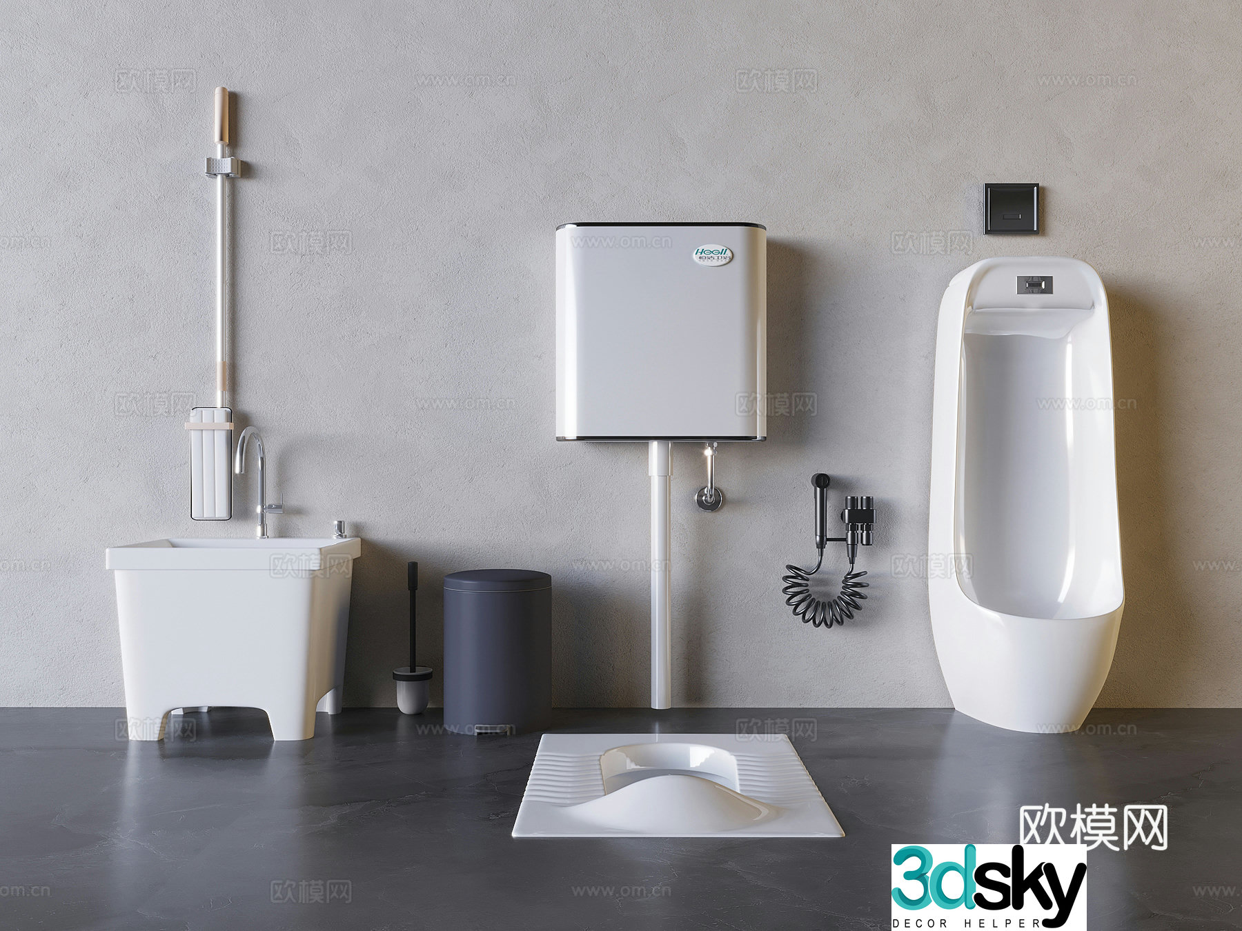 Water storage squat toilet toilet urinal urinal mop pool toilet companion toilet brush 3d model