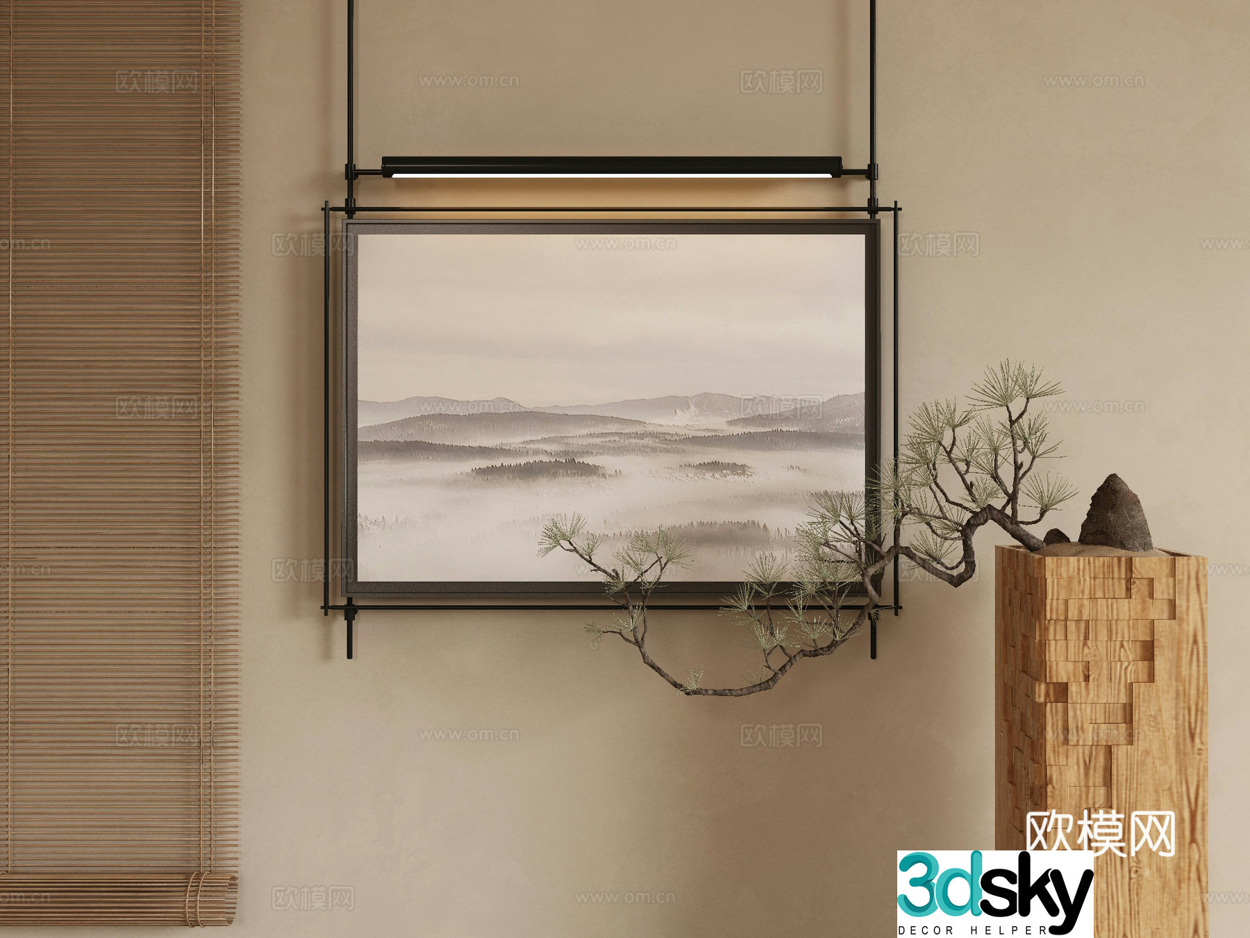 New Chinese style decorative paintings metal pole hanging paintings 3D model