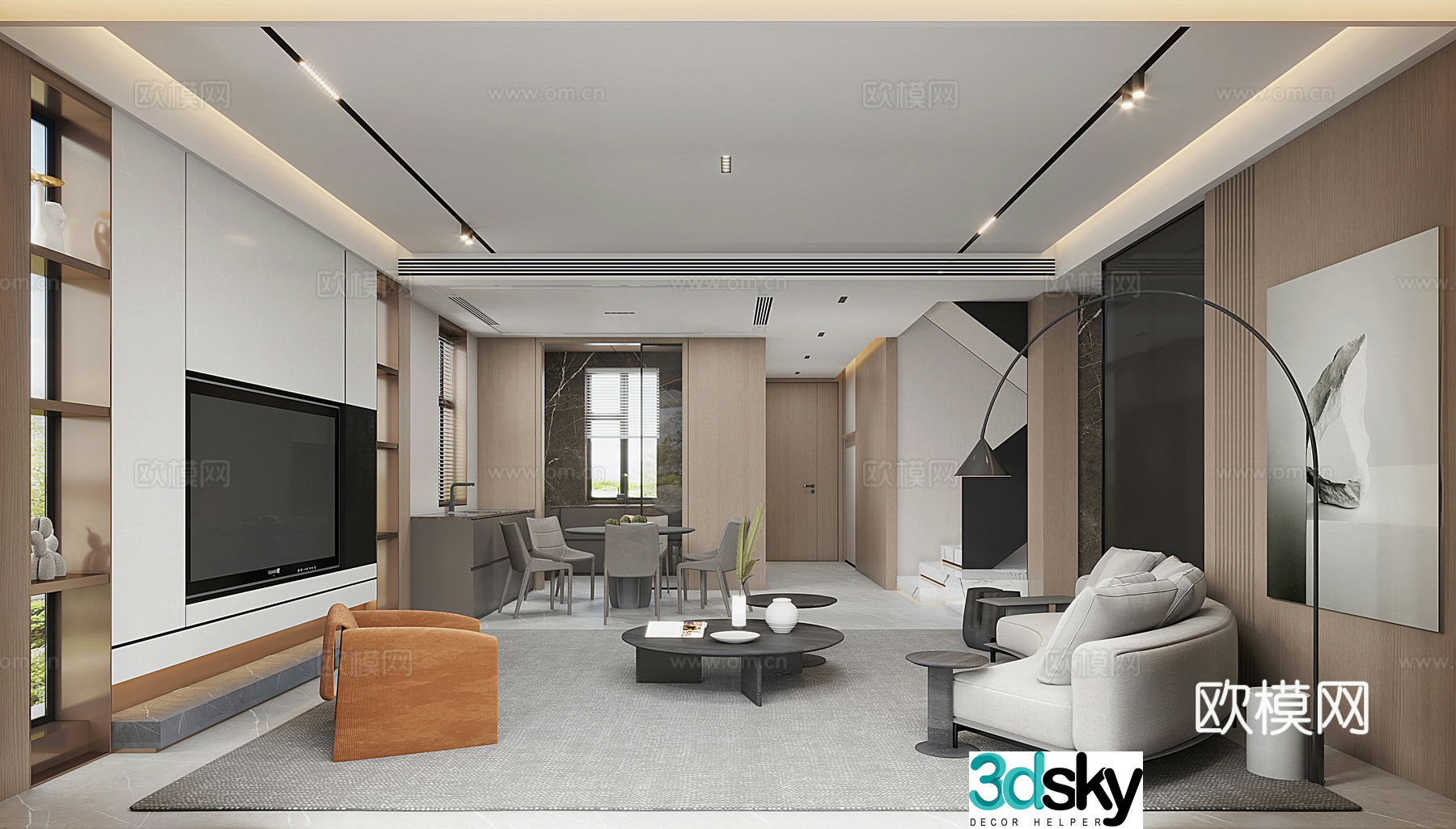 Modern living and dining room 3d model