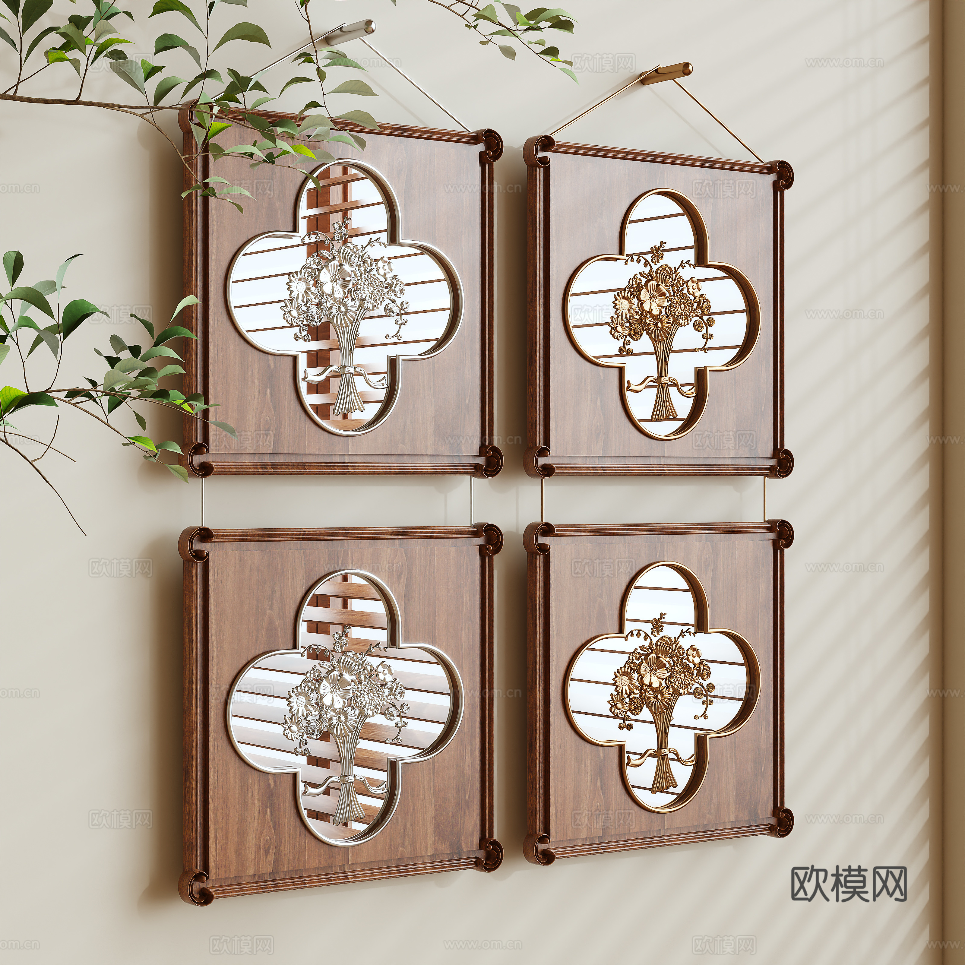 Logs with a 3d model of hanging paintings in a log