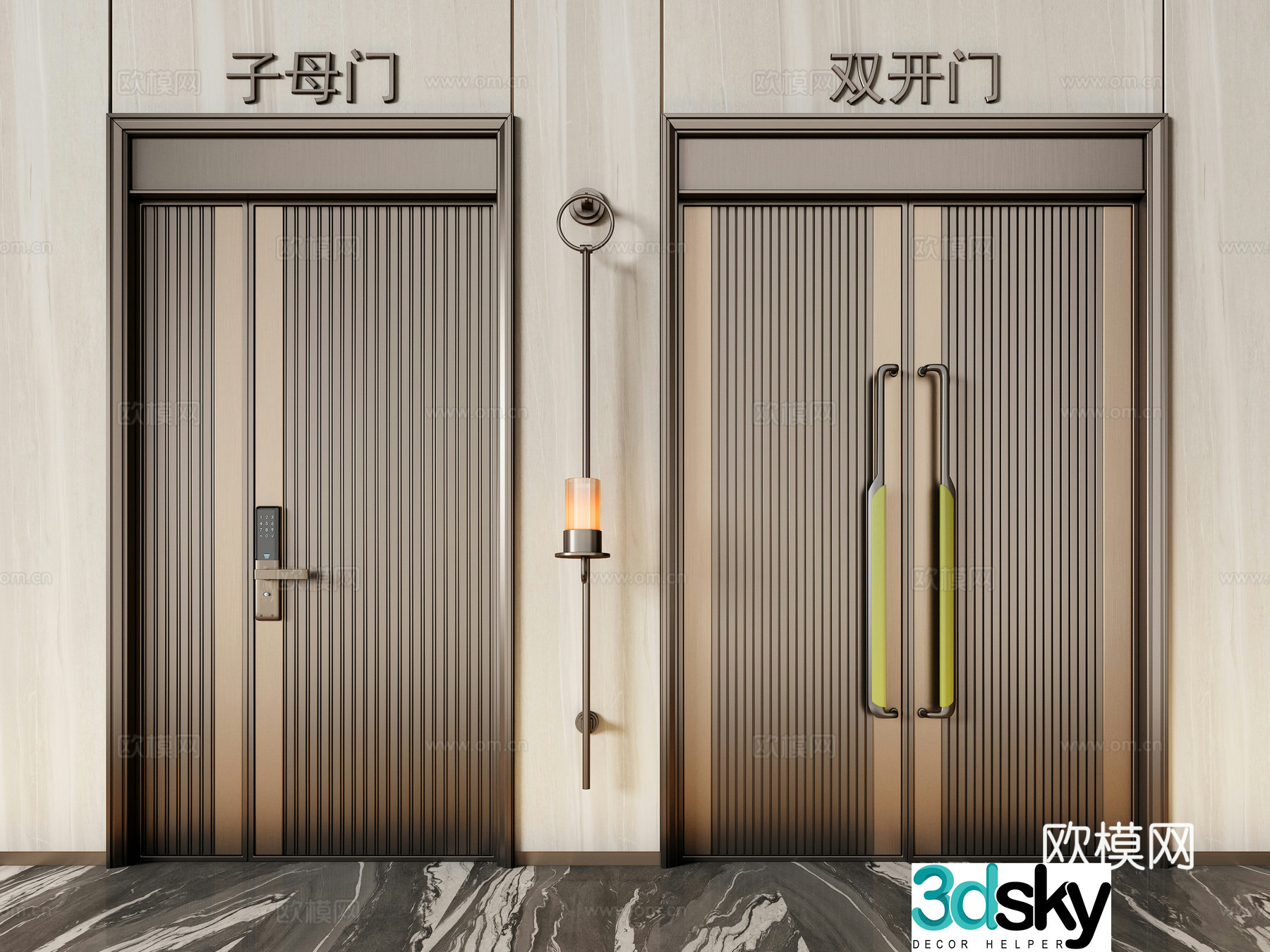 Modern double-opening door mother-child door copper door entrance door villa door 3d model