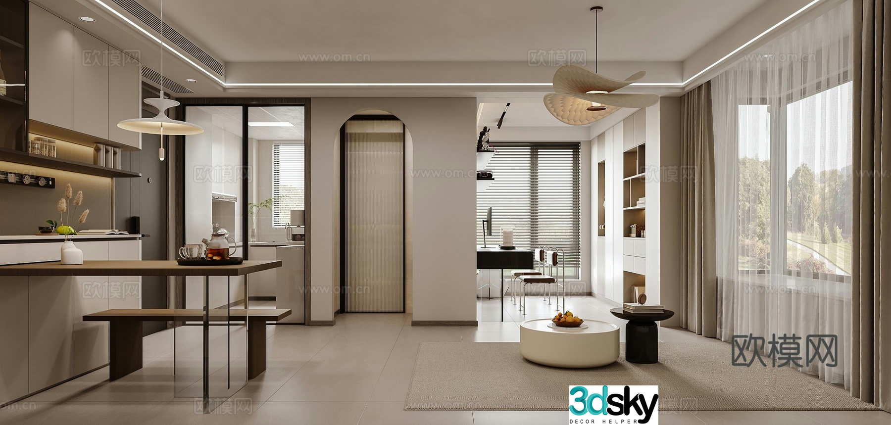 Modern living and dining room small apartment 3D model