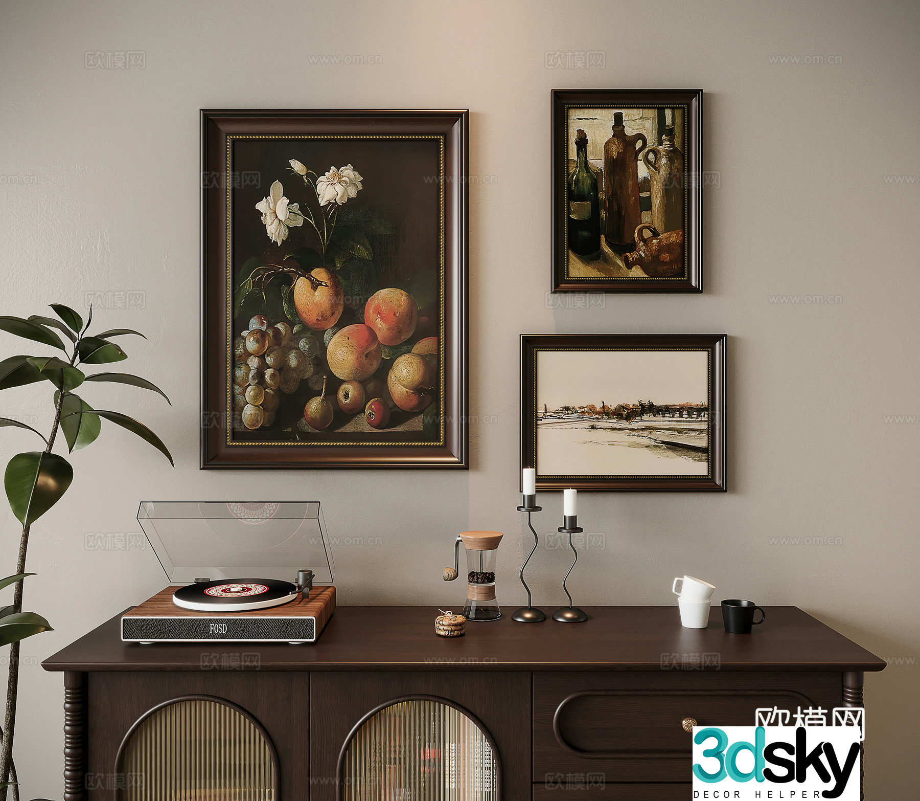 American retro combination painting hanging painting record machine ornament 3D model