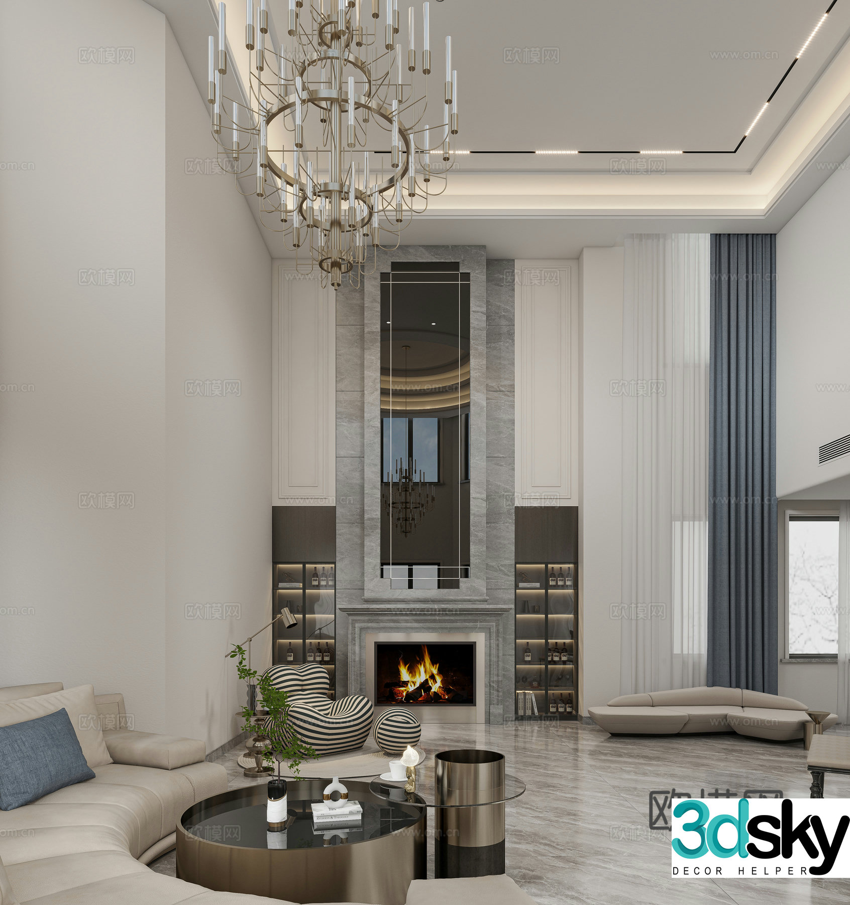 French villa hall living and dining room 3d model
