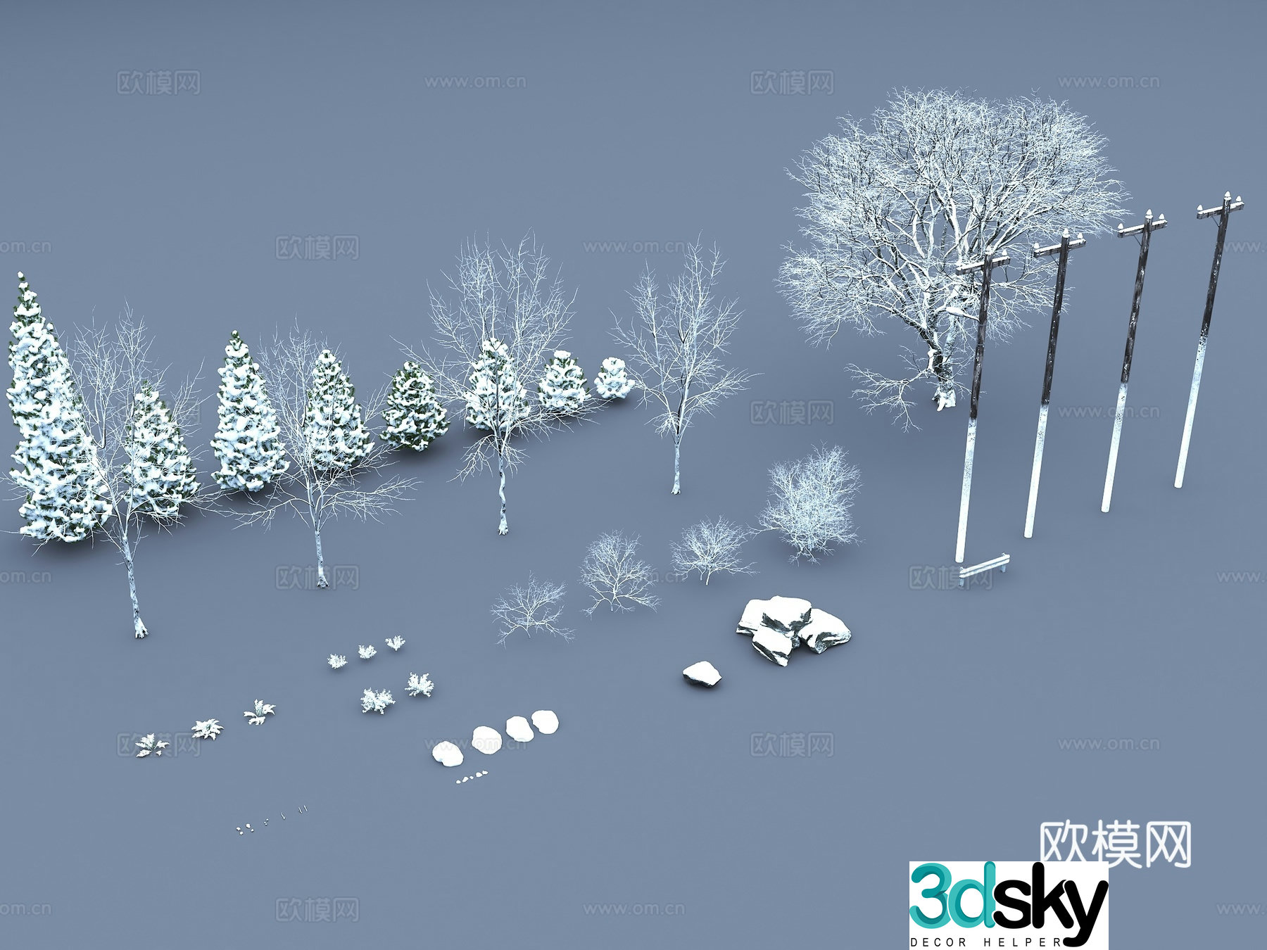 Snowy tree Snow covered stone Snow covered trees Shrub 3d model