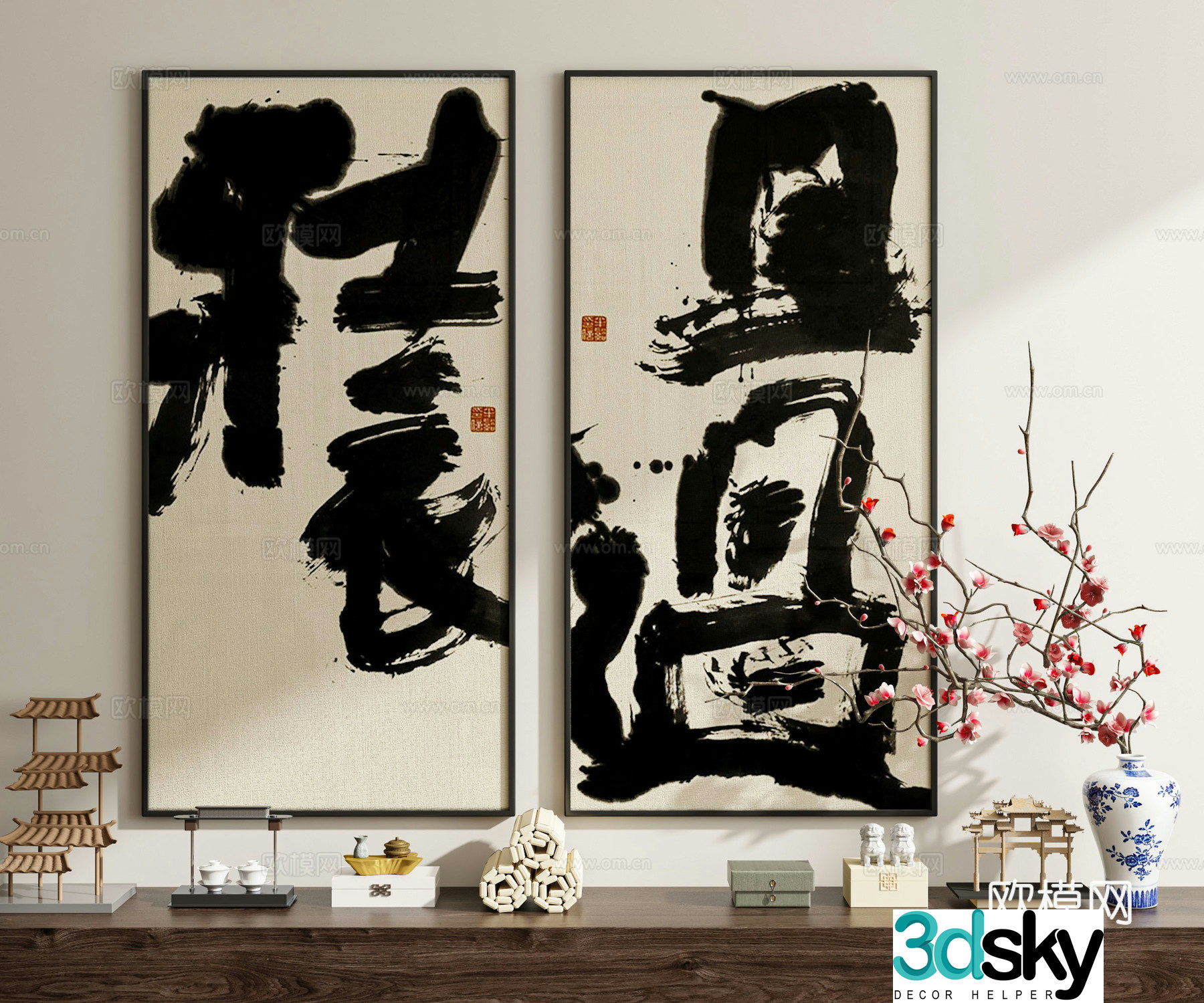 New Chinese-style artistic characters calligraphy calligraphy and painting decorations 3D models