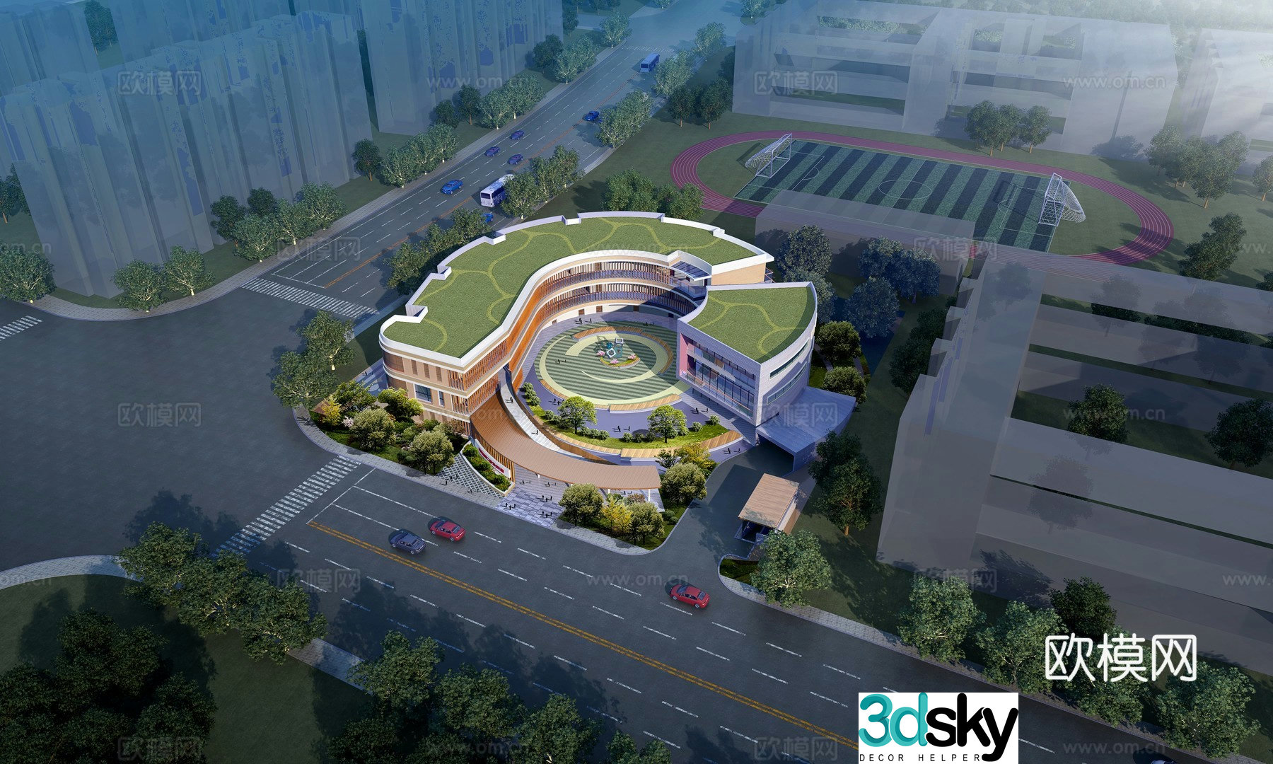 Modern kindergarten bird’s eye -catching 3D model