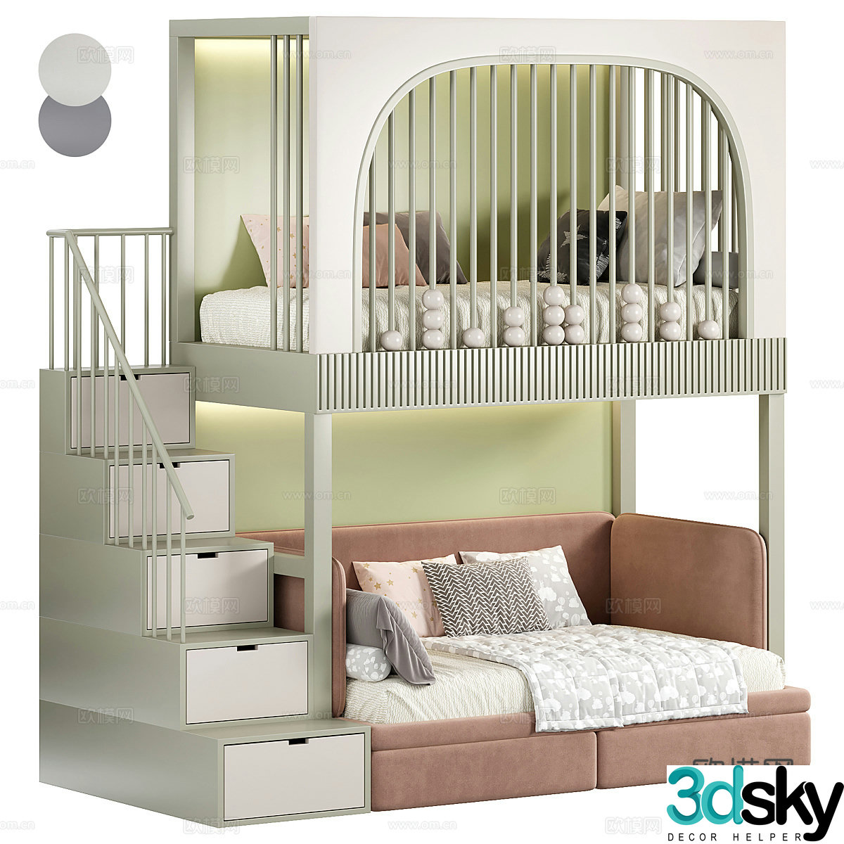 Nordic bunk bed high and low bed children’s bed 3D model
