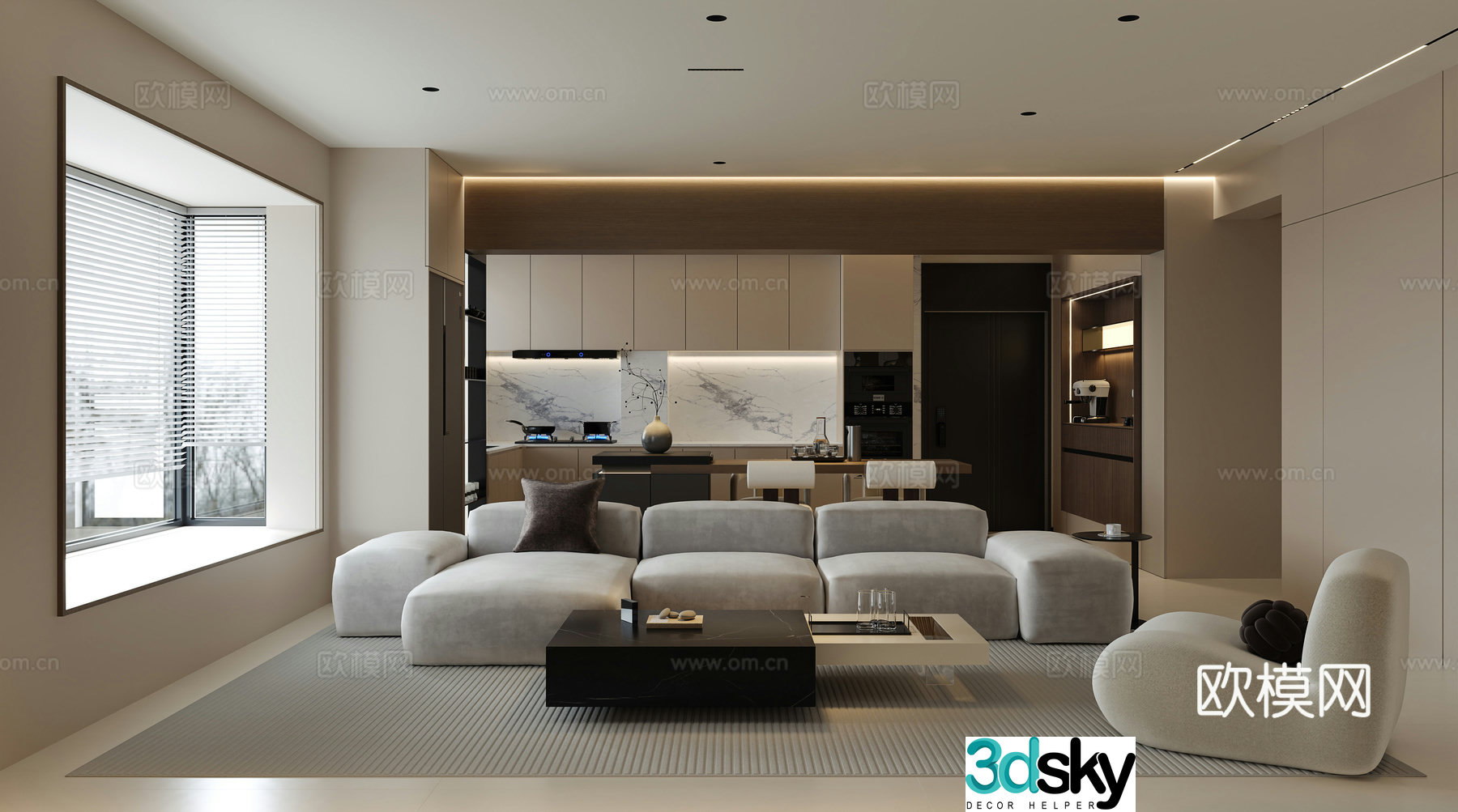 Modern retro living and dining room 3d model