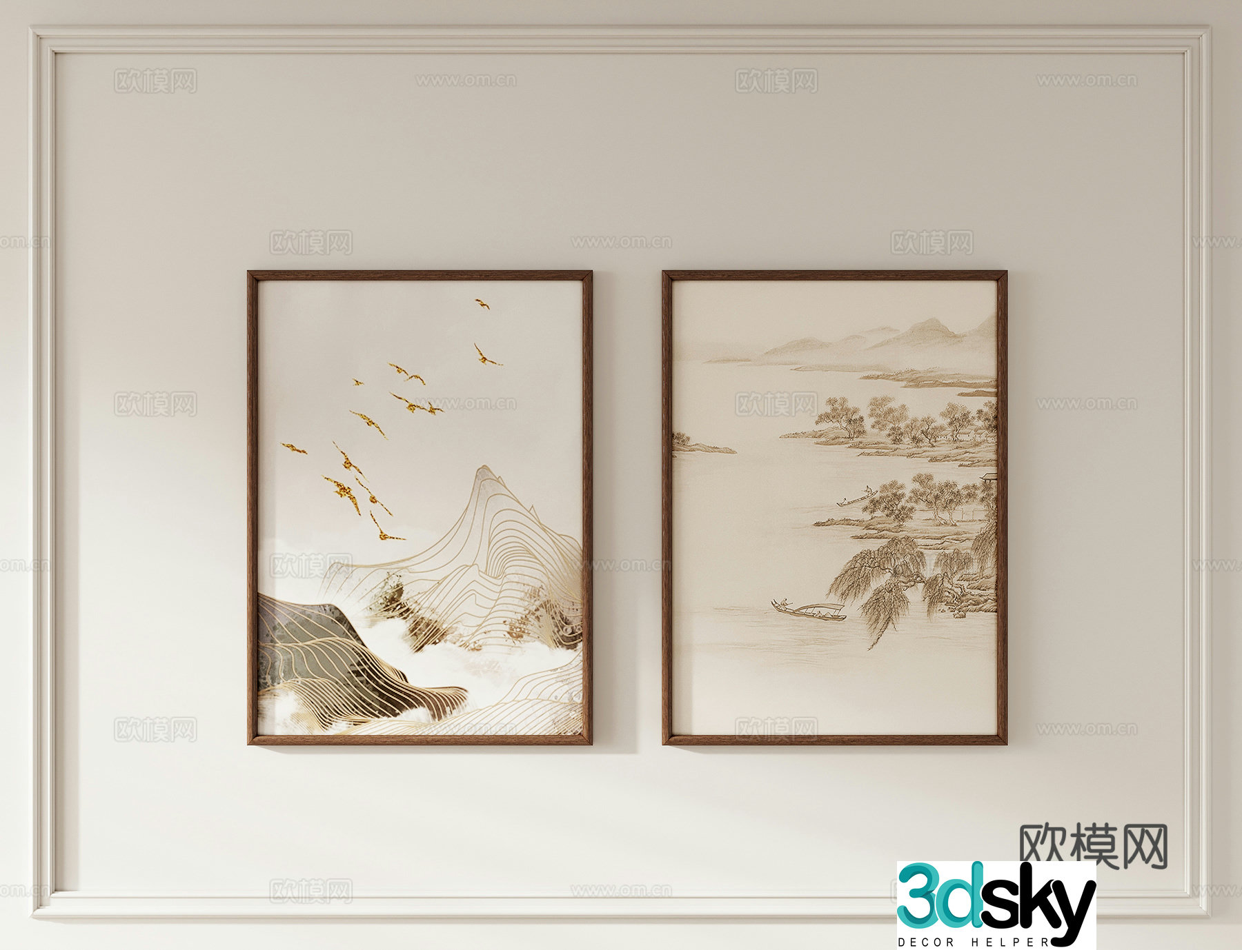 New Chinese style Zen hanging paintings Combination hanging paintings 3D model