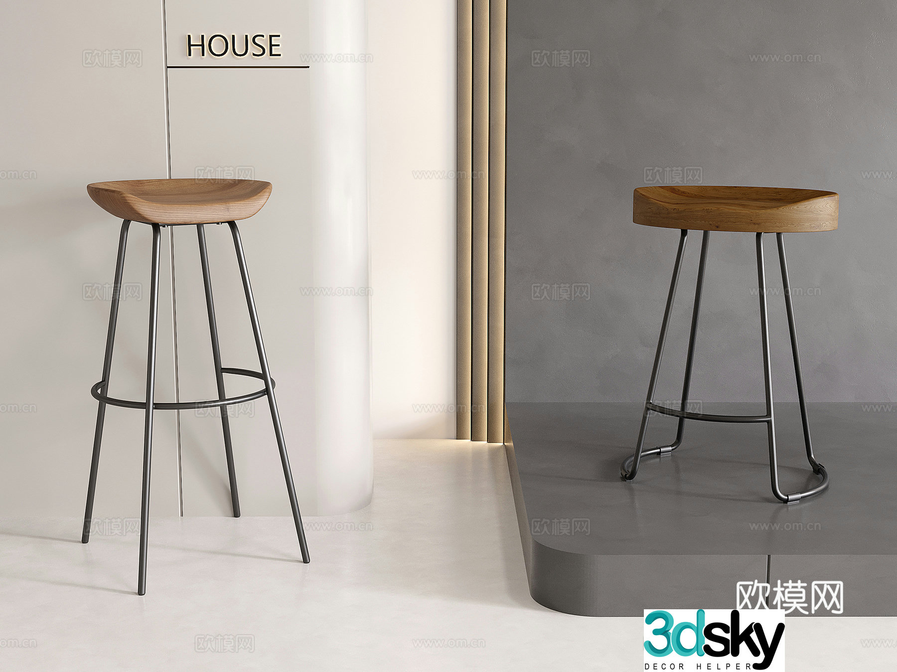 Modern solid wood bar chair bar chair bar chair bar and bench 3D model