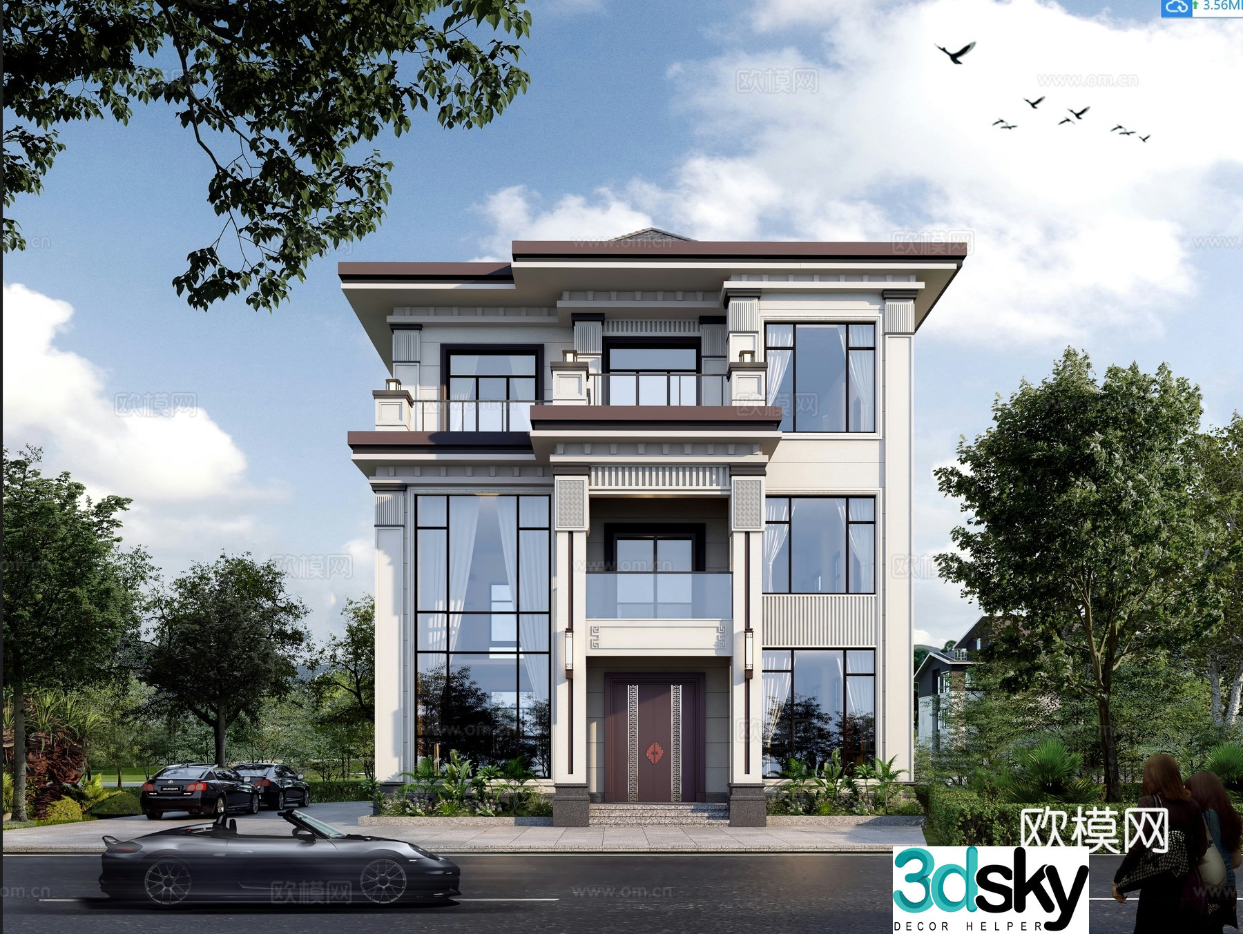 New Chinese style single-family villa appearance 3D model