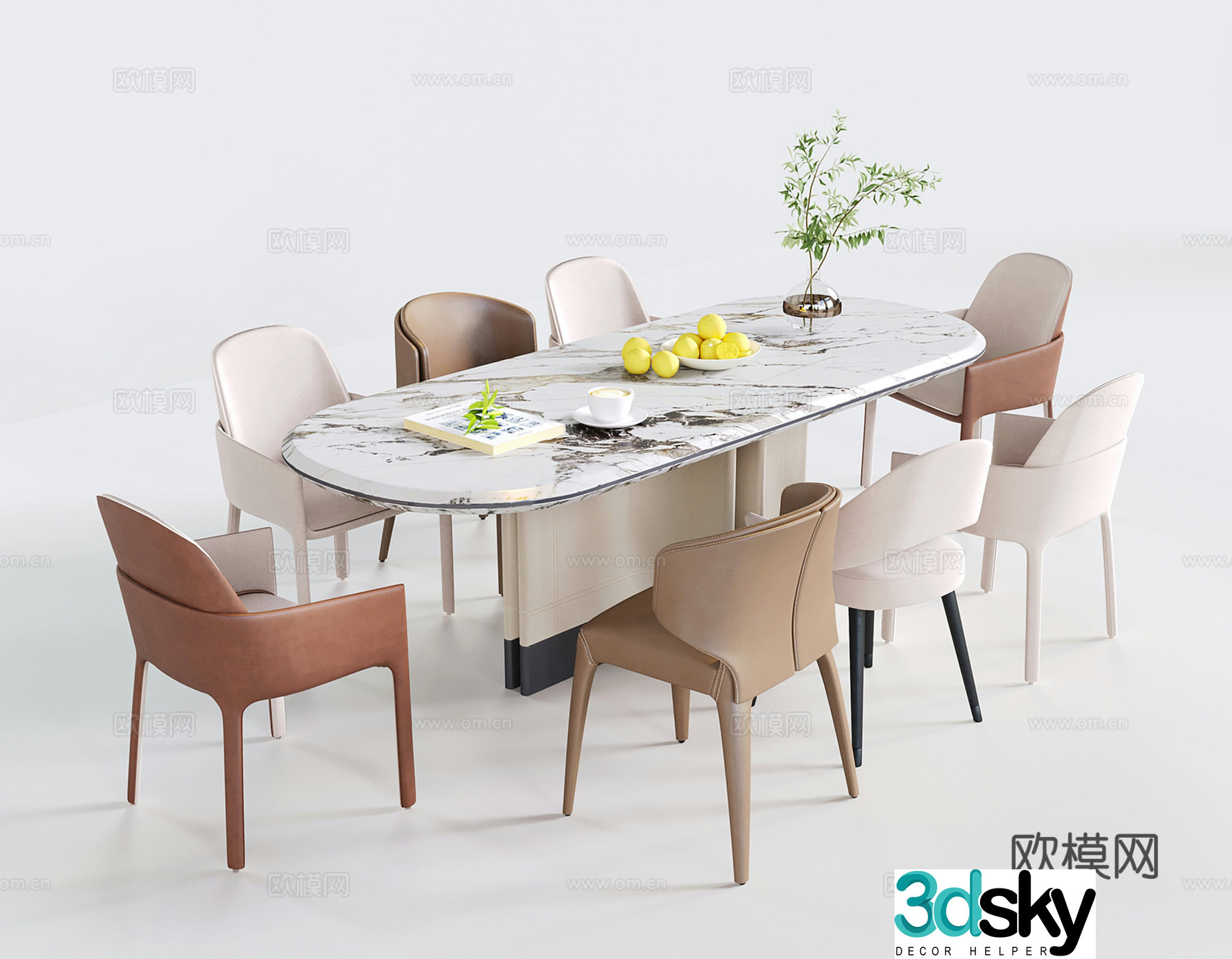 Italian dining table and chairs oval dining table 3d model