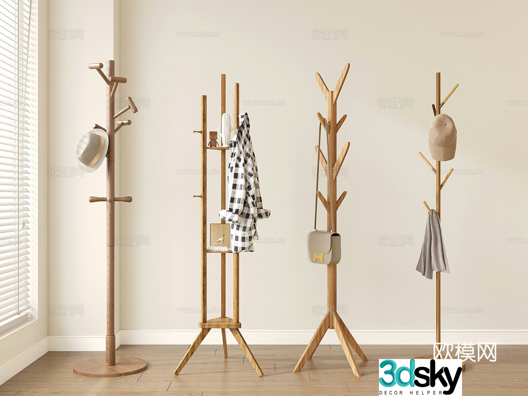 Wasabi solid wood hanging hanger Clothes rack Clothes rack Hanging bag rack Hanging bag rod 3D model