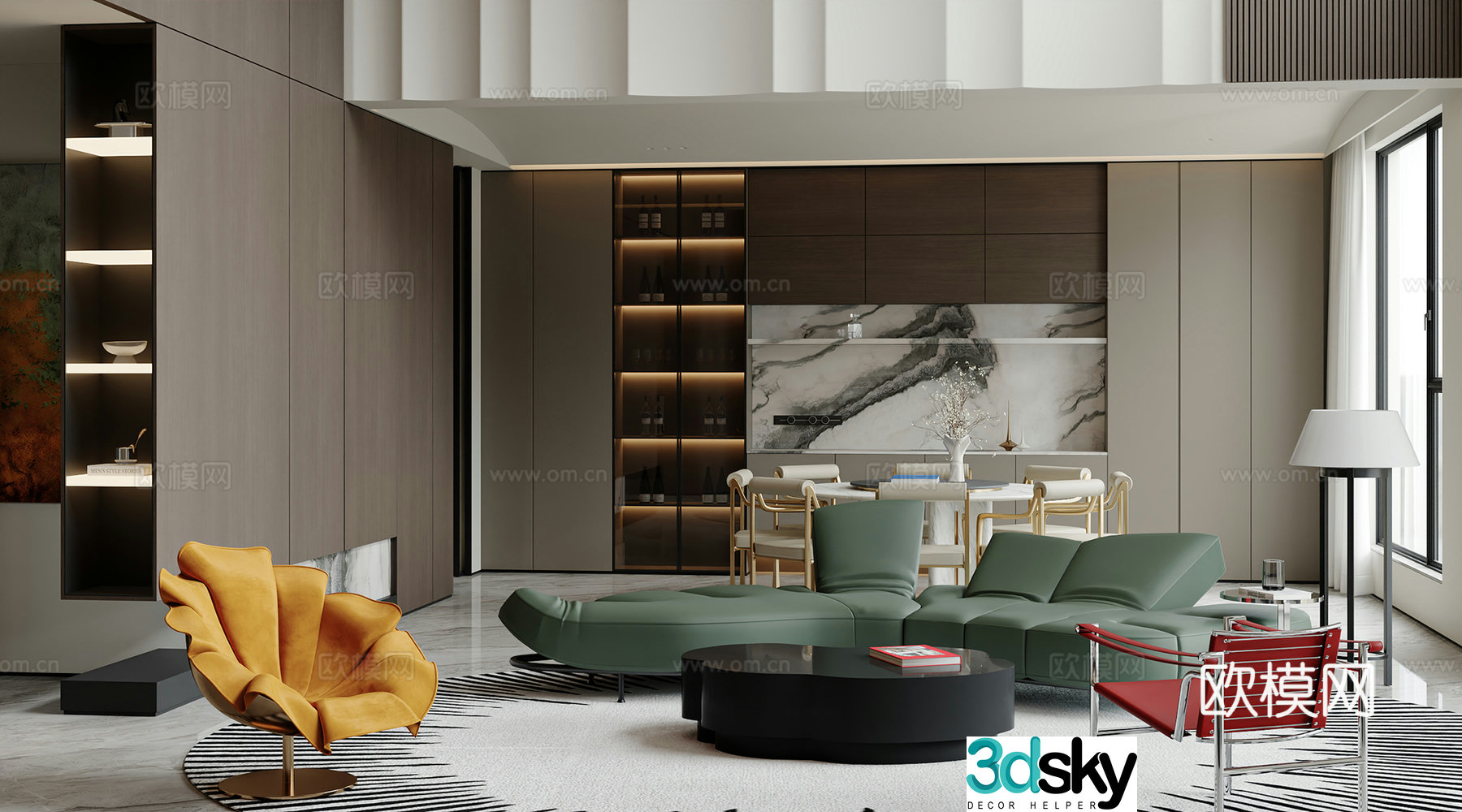 Light luxury living and restaurant 3D model