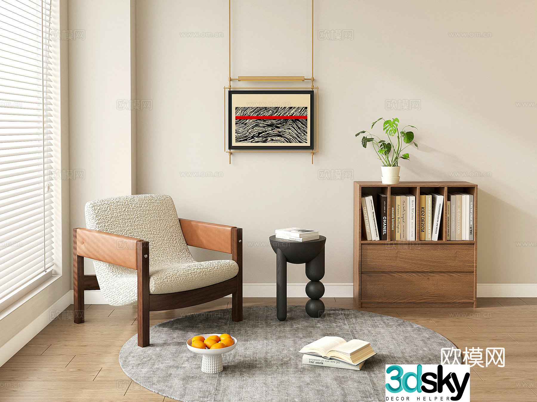 Medium style casual sofa single sofa chair bookshelf side corner 3D model