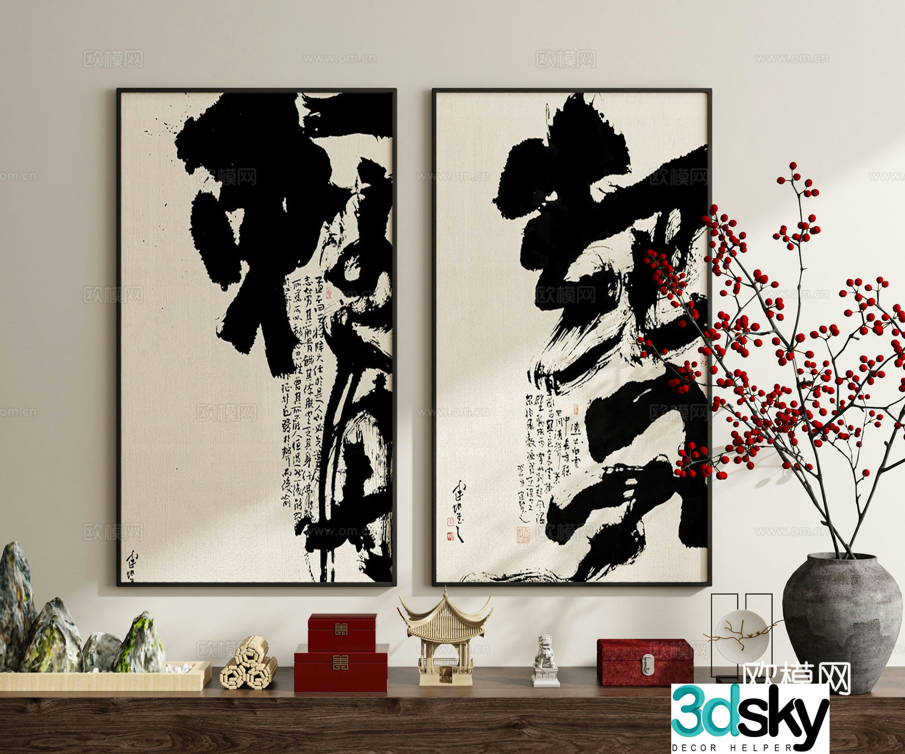 New Chinese-style artistic characters calligraphy calligraphy and painting decorations 3D models