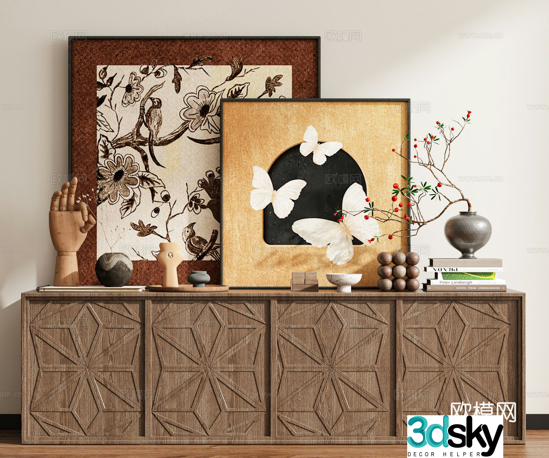 Middle-aged butterfly hanging paintings flower and bird paintings side cabinet 3D model