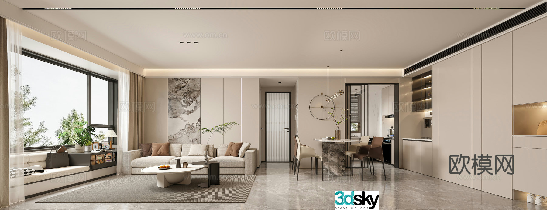 Modern living and dining room 3d model