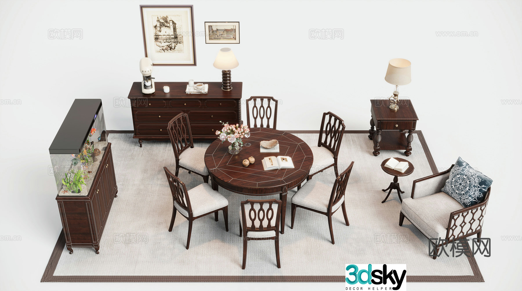 American solid wood furniture dining table and chairs side cabinets fish tank 3D model