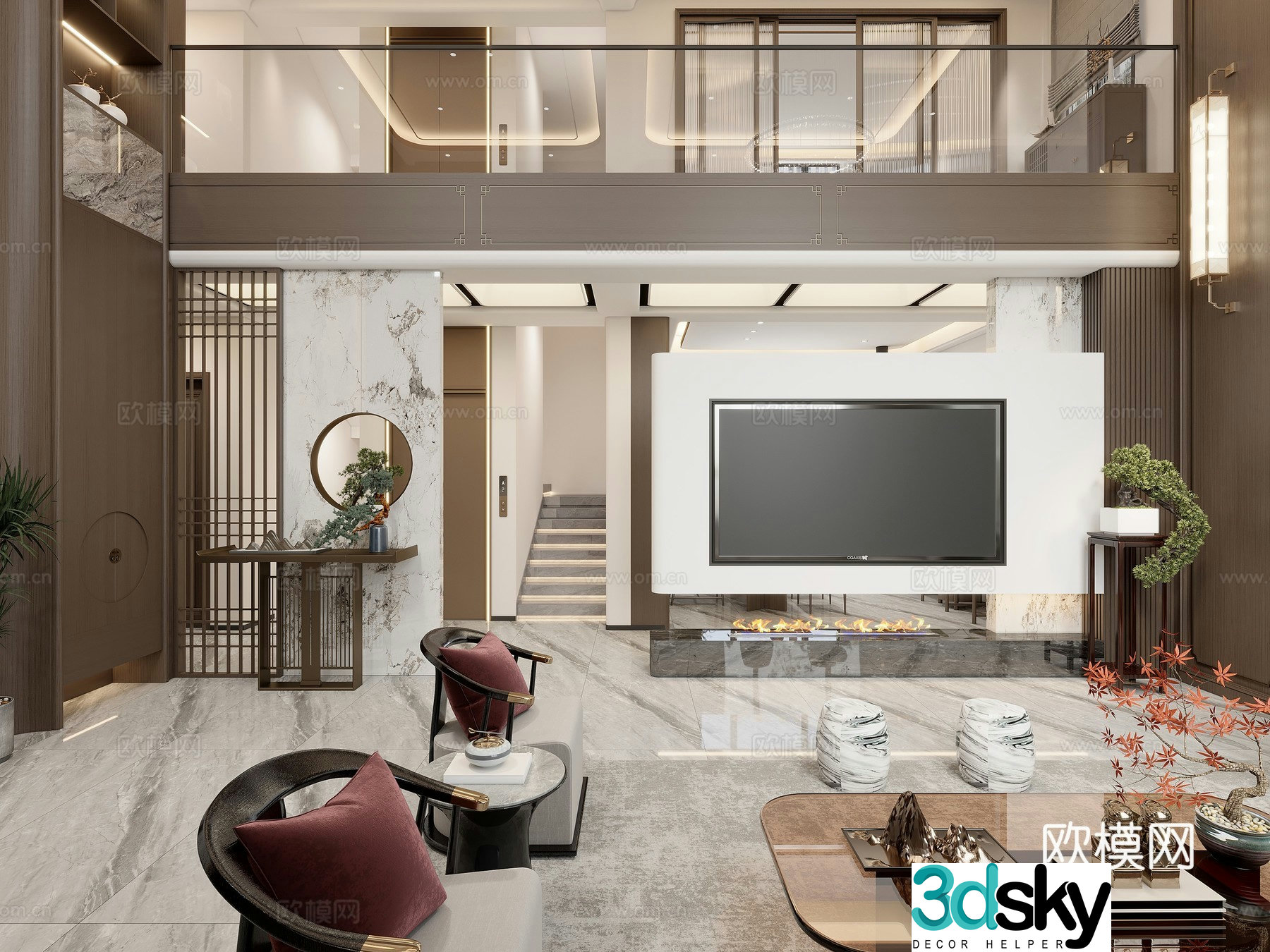 New Chinese style villa living room 3D model