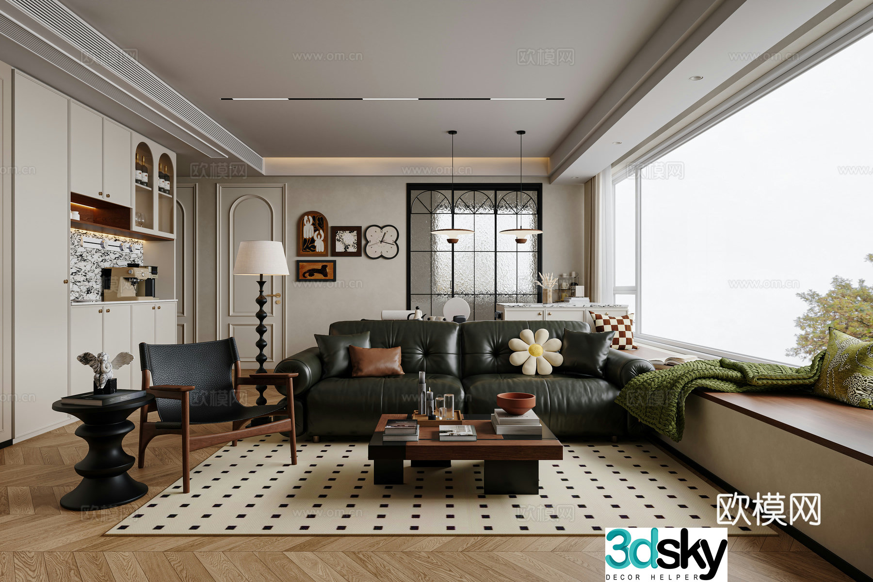 Middle style living room with large bay window living room 3D model
