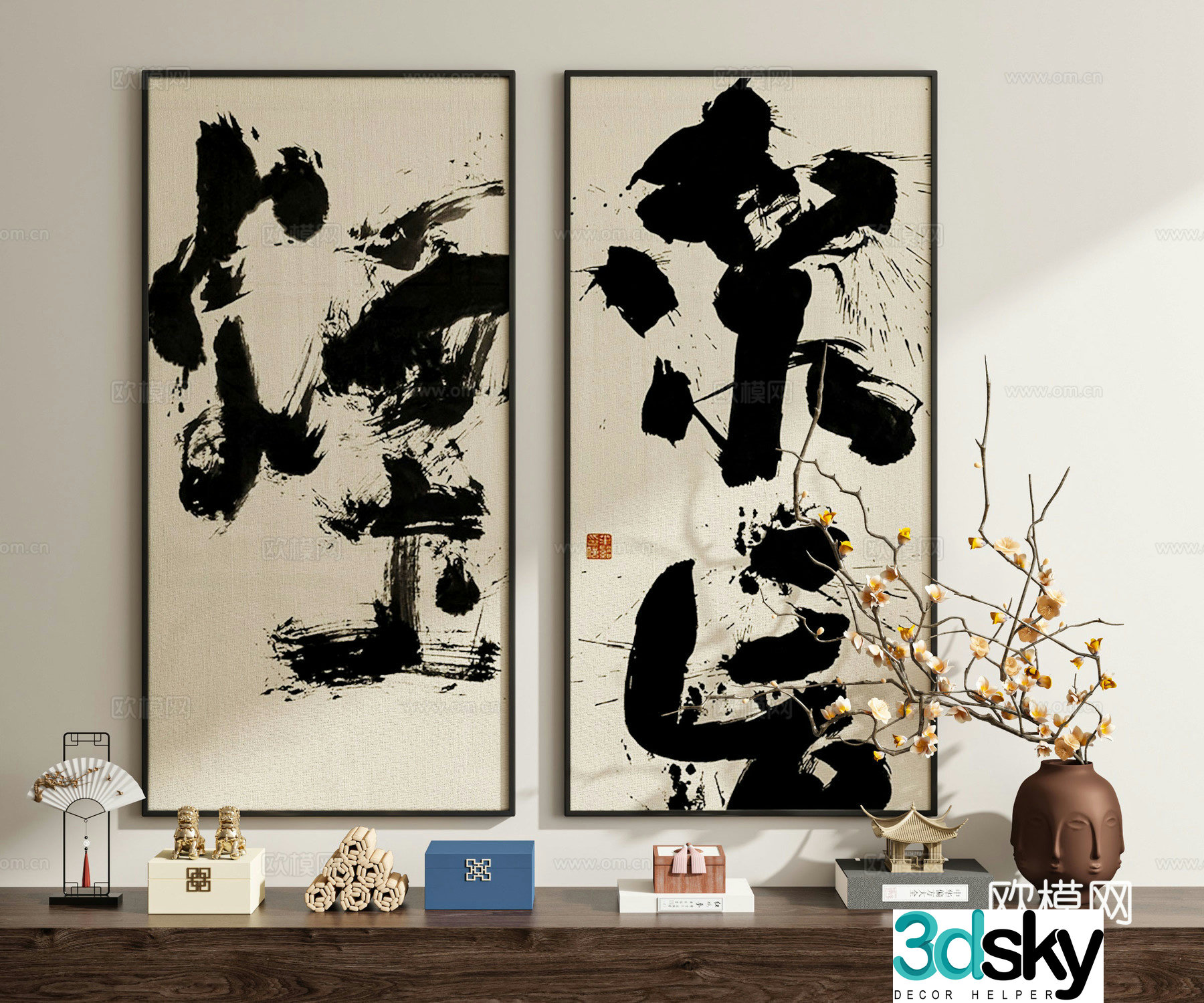 New Chinese-style artistic characters calligraphy calligraphy and painting decorations 3D models