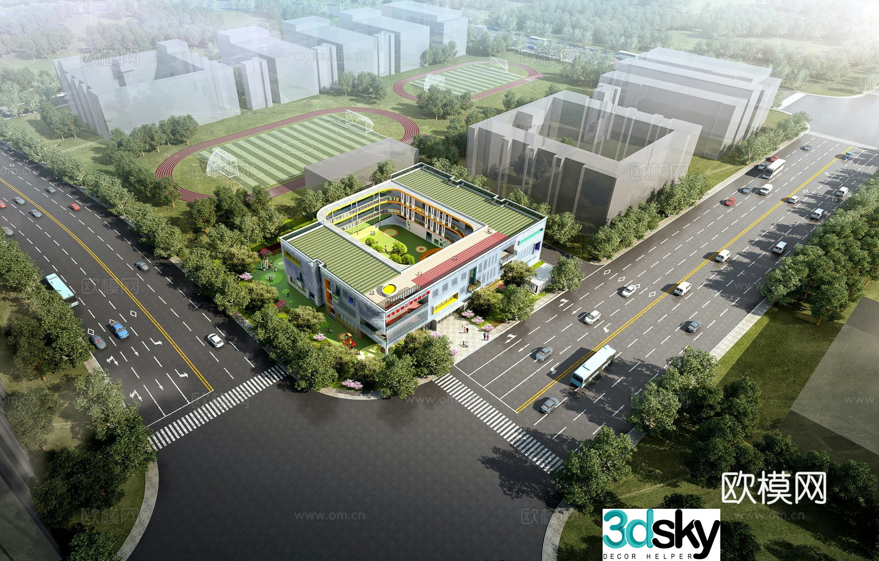 Modern kindergarten aerial view 3d model