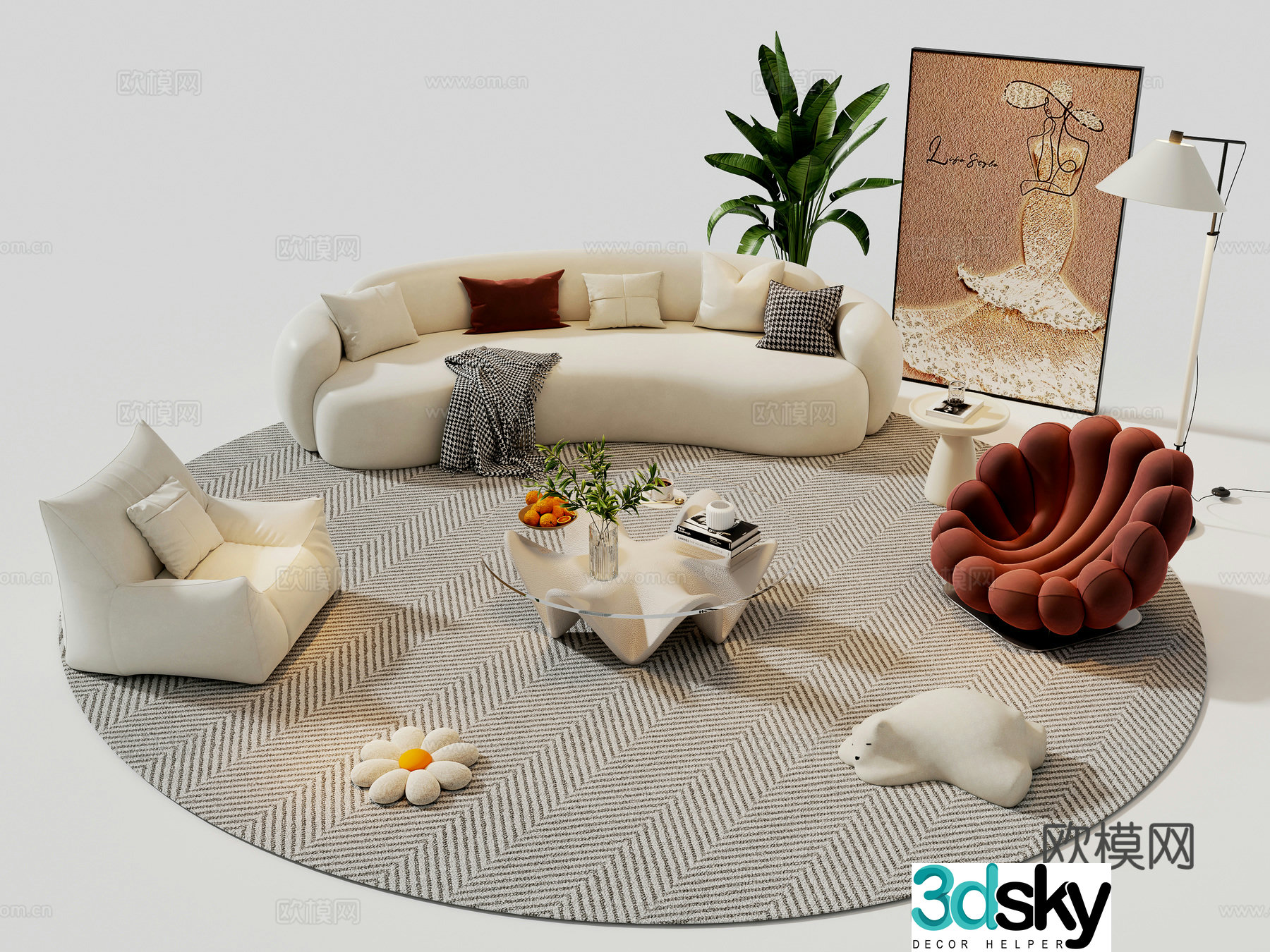 Cream style modular sofa curved sofa 3d model