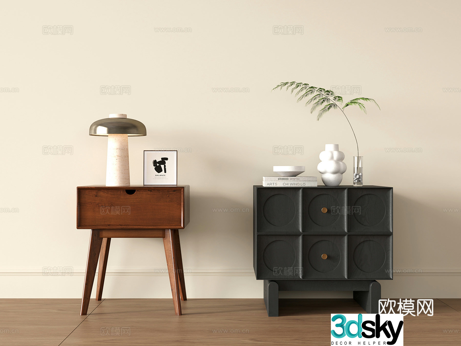 Middle -aged wind bed table cabinet retro bedside table 3D model
