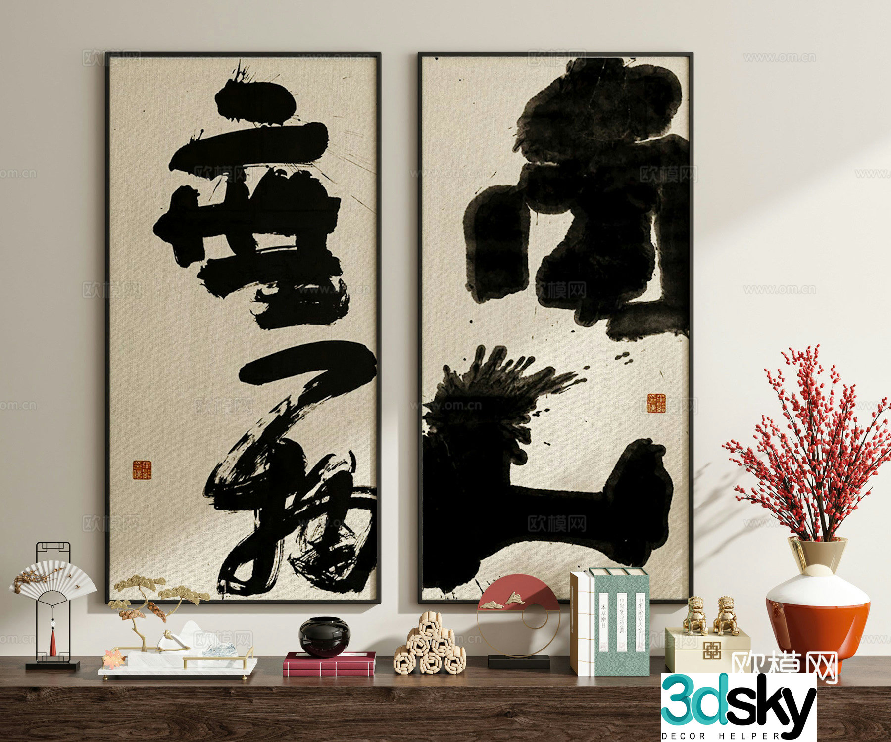 New Chinese-style artistic characters calligraphy calligraphy and painting decorations 3D models