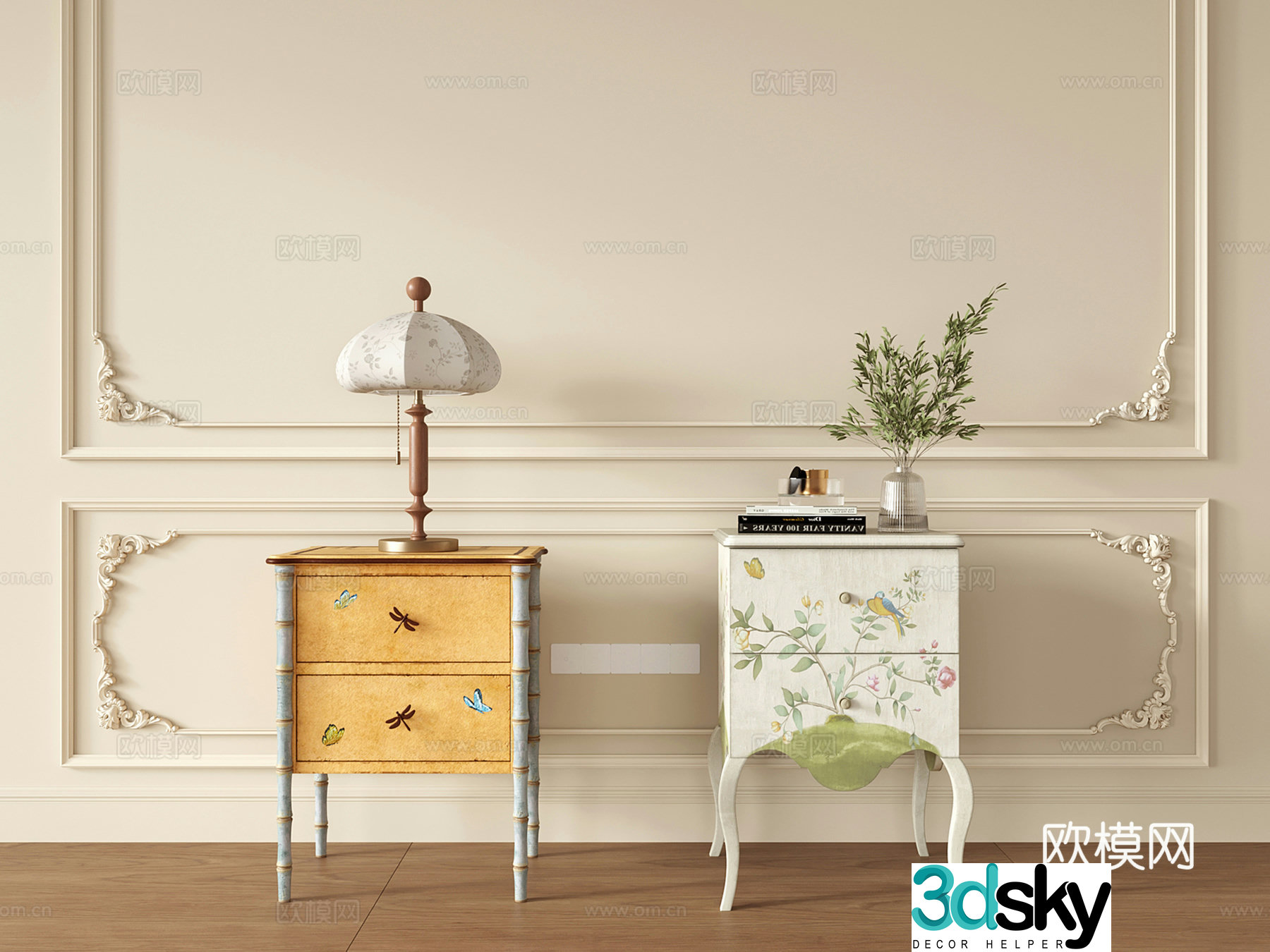 French retro bedside cabinet painted cabinet 3D model