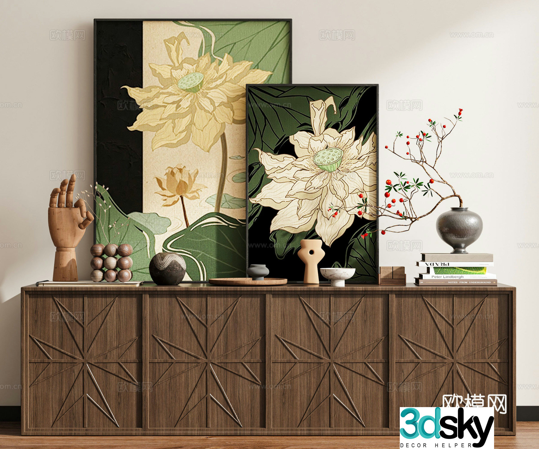 Middle-aged flower painting side cabinet 3D model