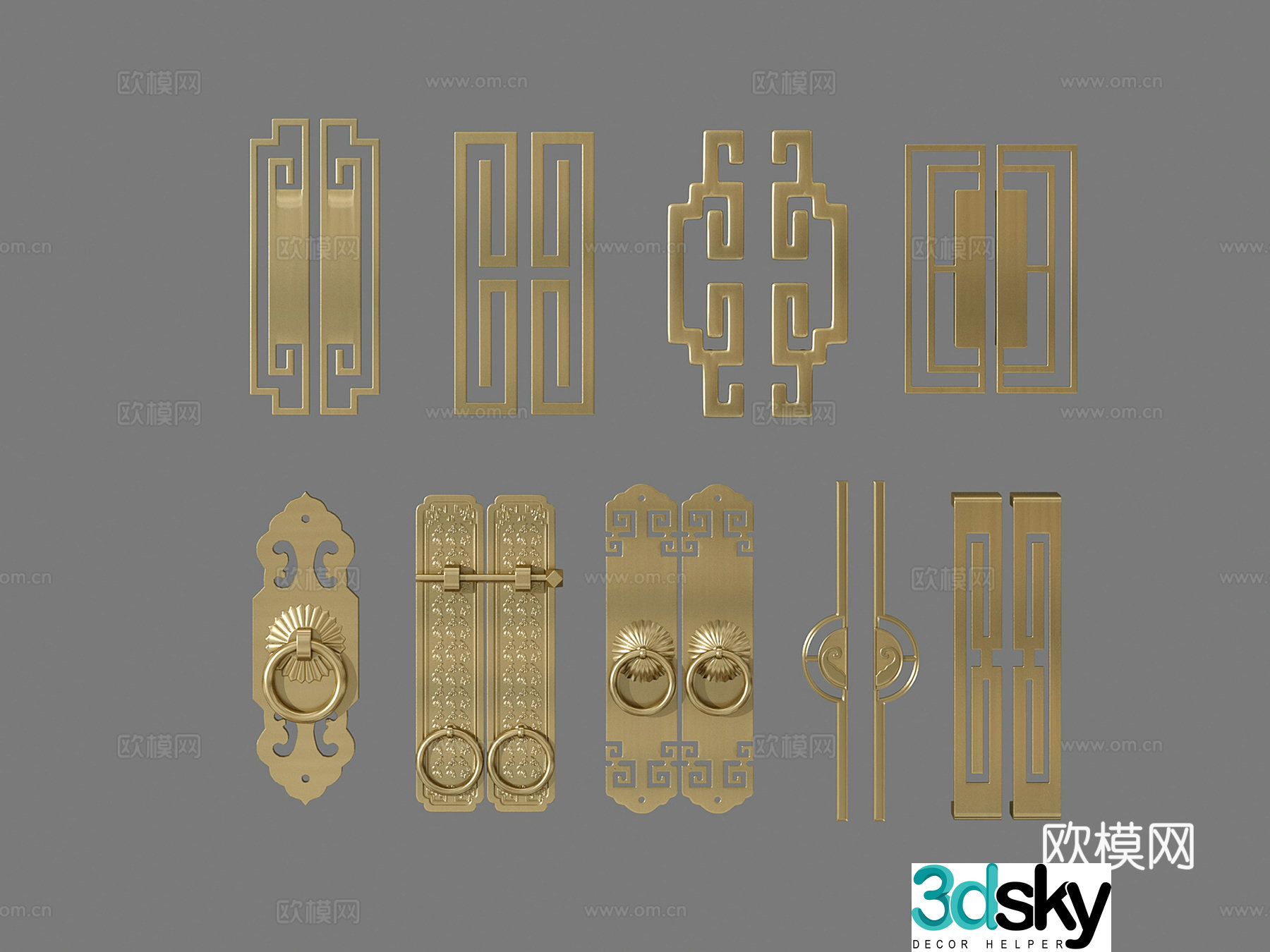 New Chinese style yellow bronze door handle retro handle 3D model