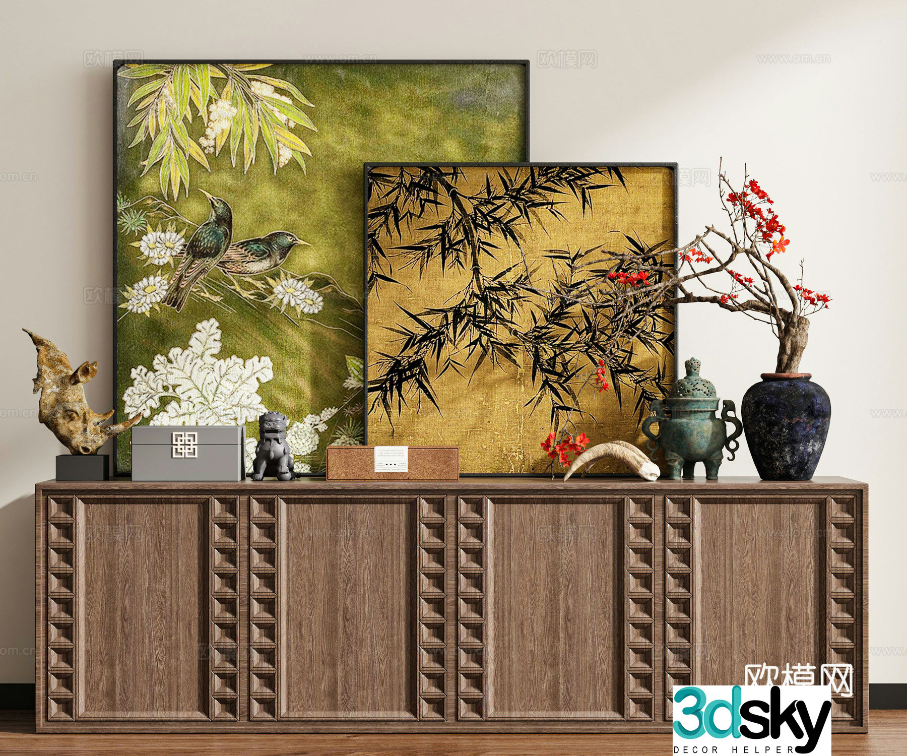 New Chinese style flower and bird paintings hanging paintings oil paintings side cabinet 3D model