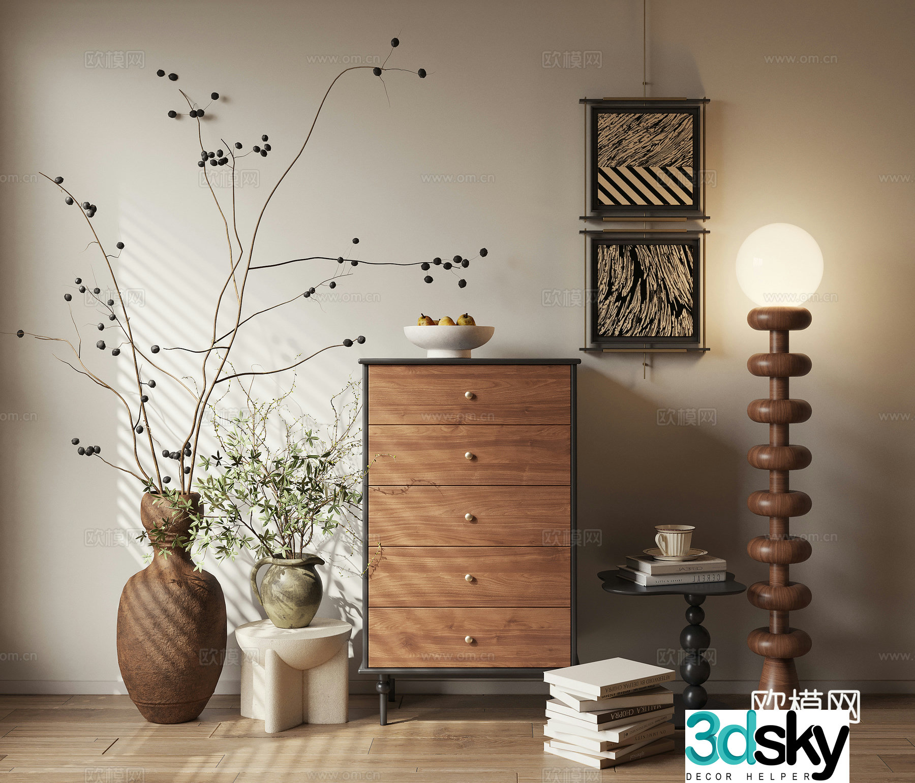 Middle-aged style chest of drawers side cabinet dead branches potted 3D model