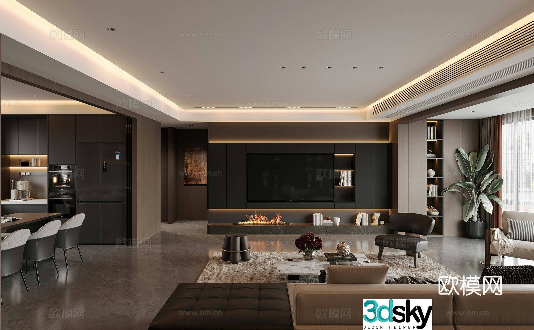 Italian large flat floor living and dining room 3D model