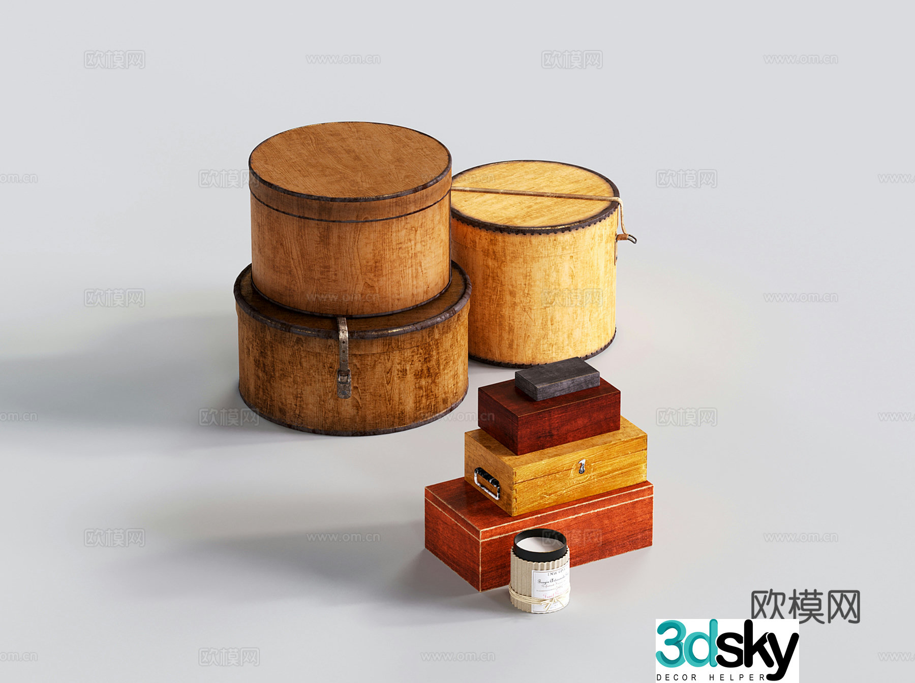 Middle-aged storage box Flip storage box Round wooden box 3D model