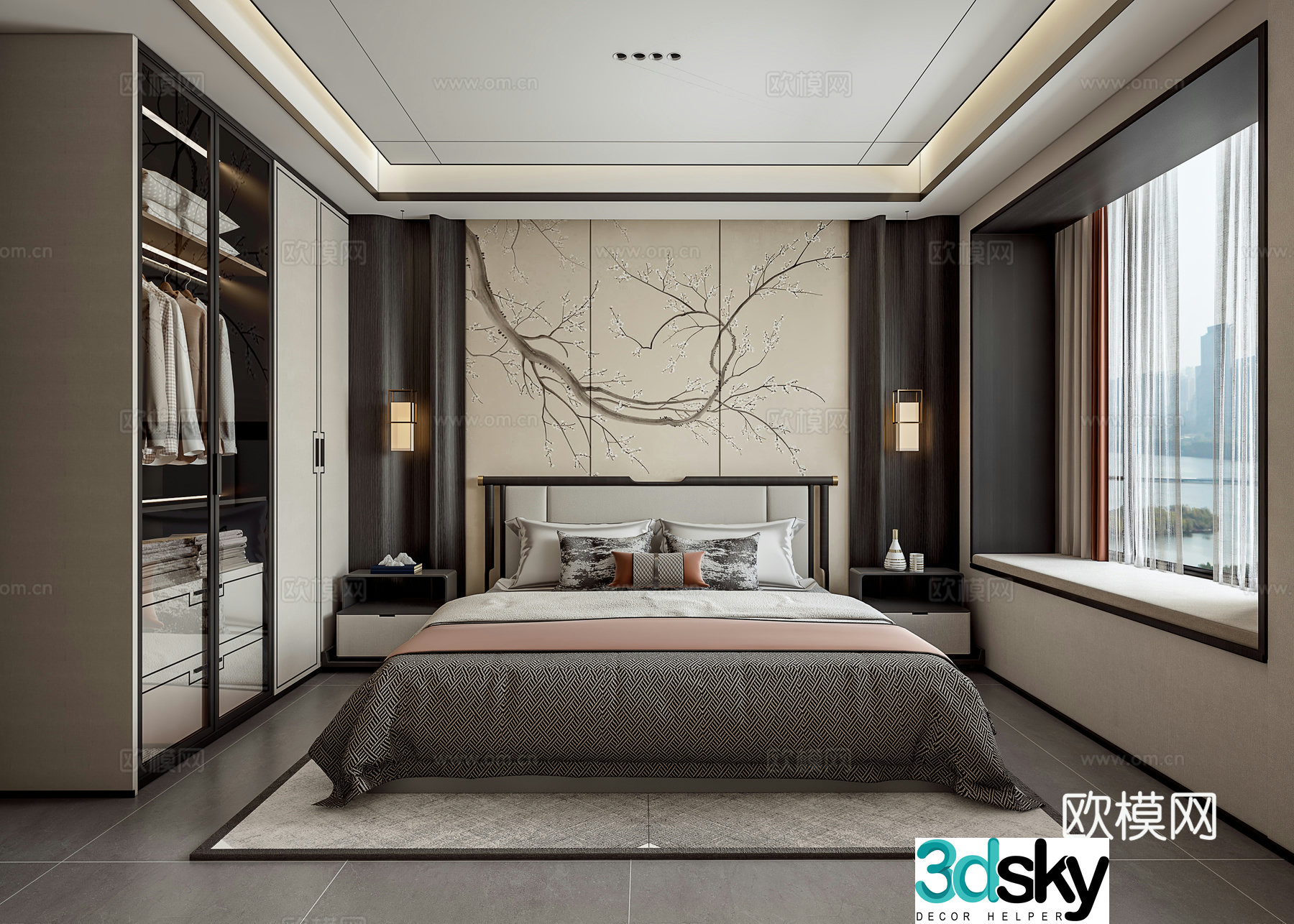 New Chinese style bedroom bay window elderly room 3D model